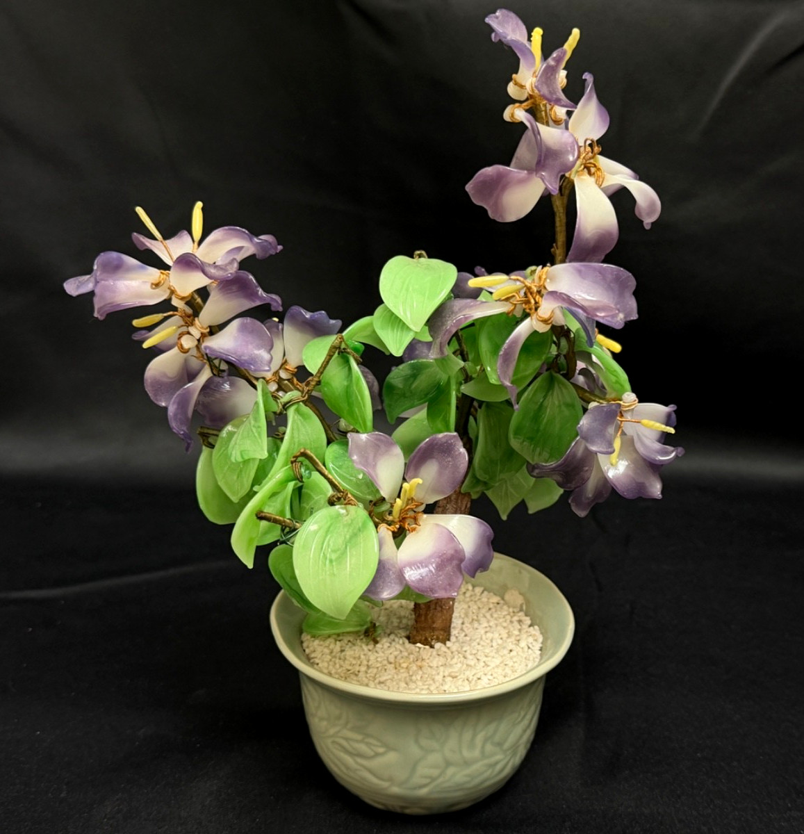 Vintage Jade & Glass Handmade Bonsai Tree Purple & White Flowers 11”