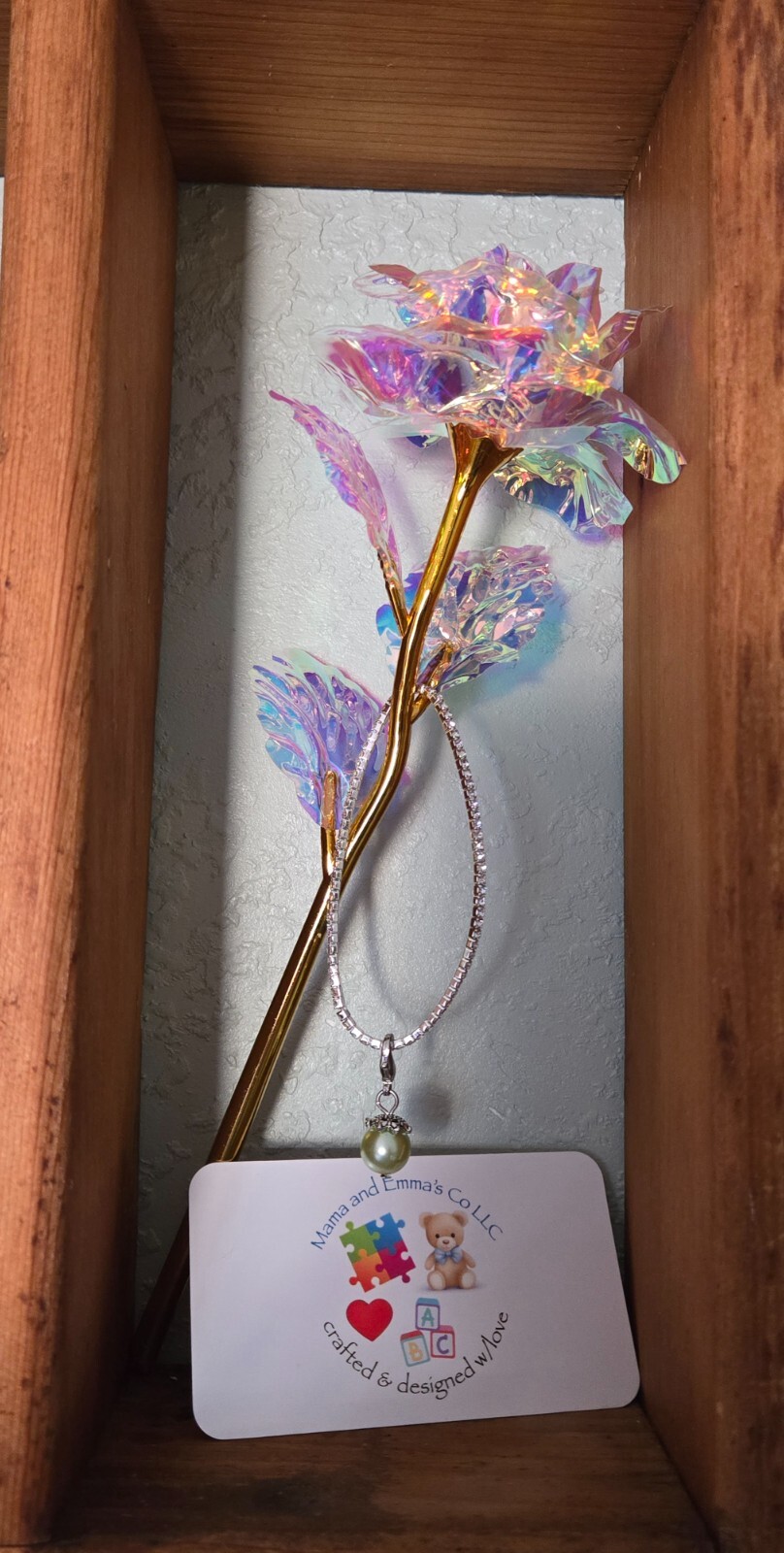 Iridescent Golden Rose / Stretchy Sparkling Bracelet with Charm / Unique Gift /