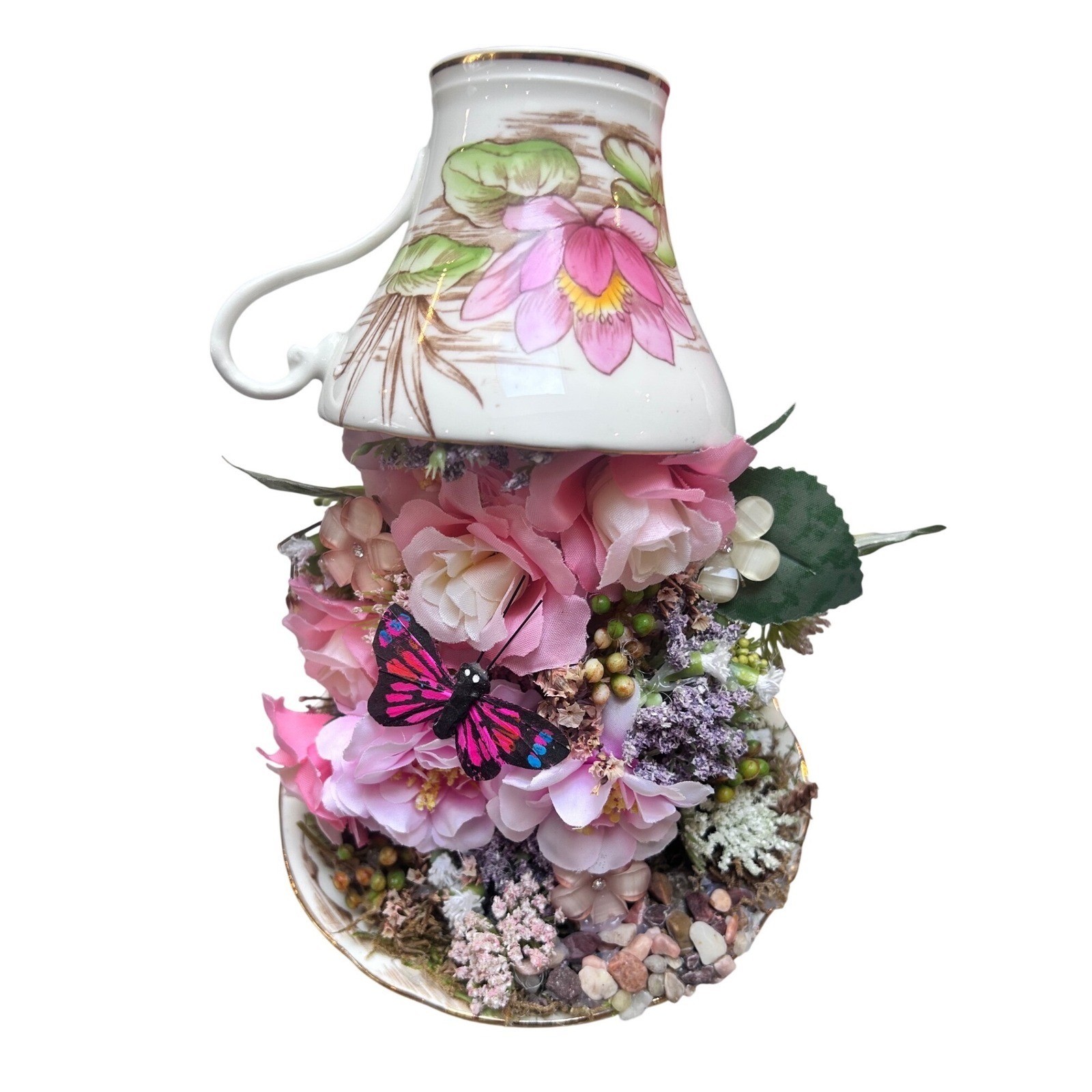 Aynsley England Floating Teacup Centerpiece Faux Floral Pink Rose Butterfly