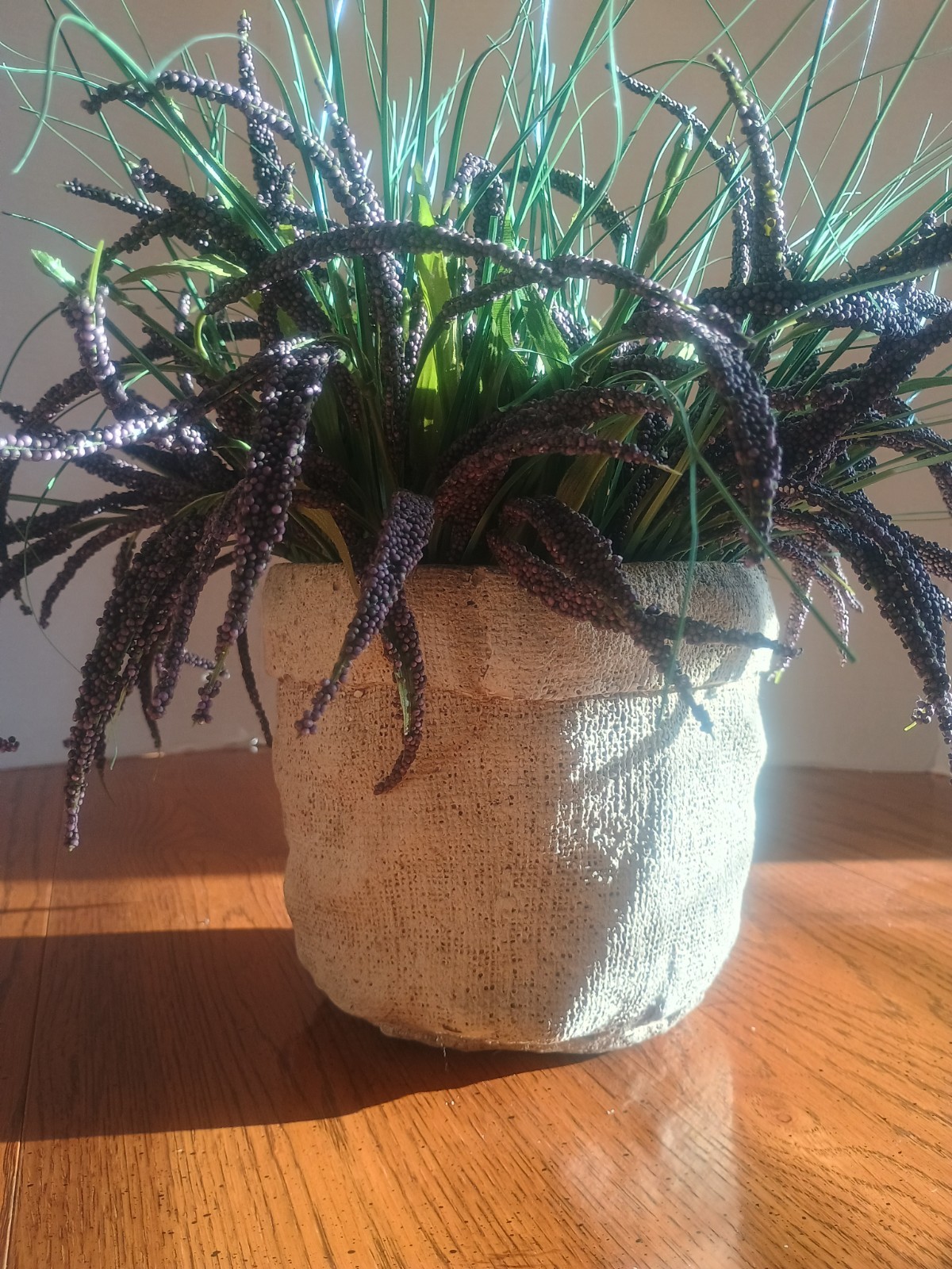 Artificial Lavender & Grass Arrangement In A Unique Burlap Decopoge Type Pot