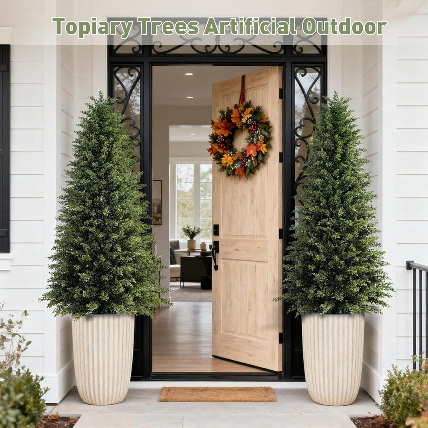 2 Pack 5Ft Artificial Cedar Trees for Outdoors (UV Resistant), Potted Faux Cedar