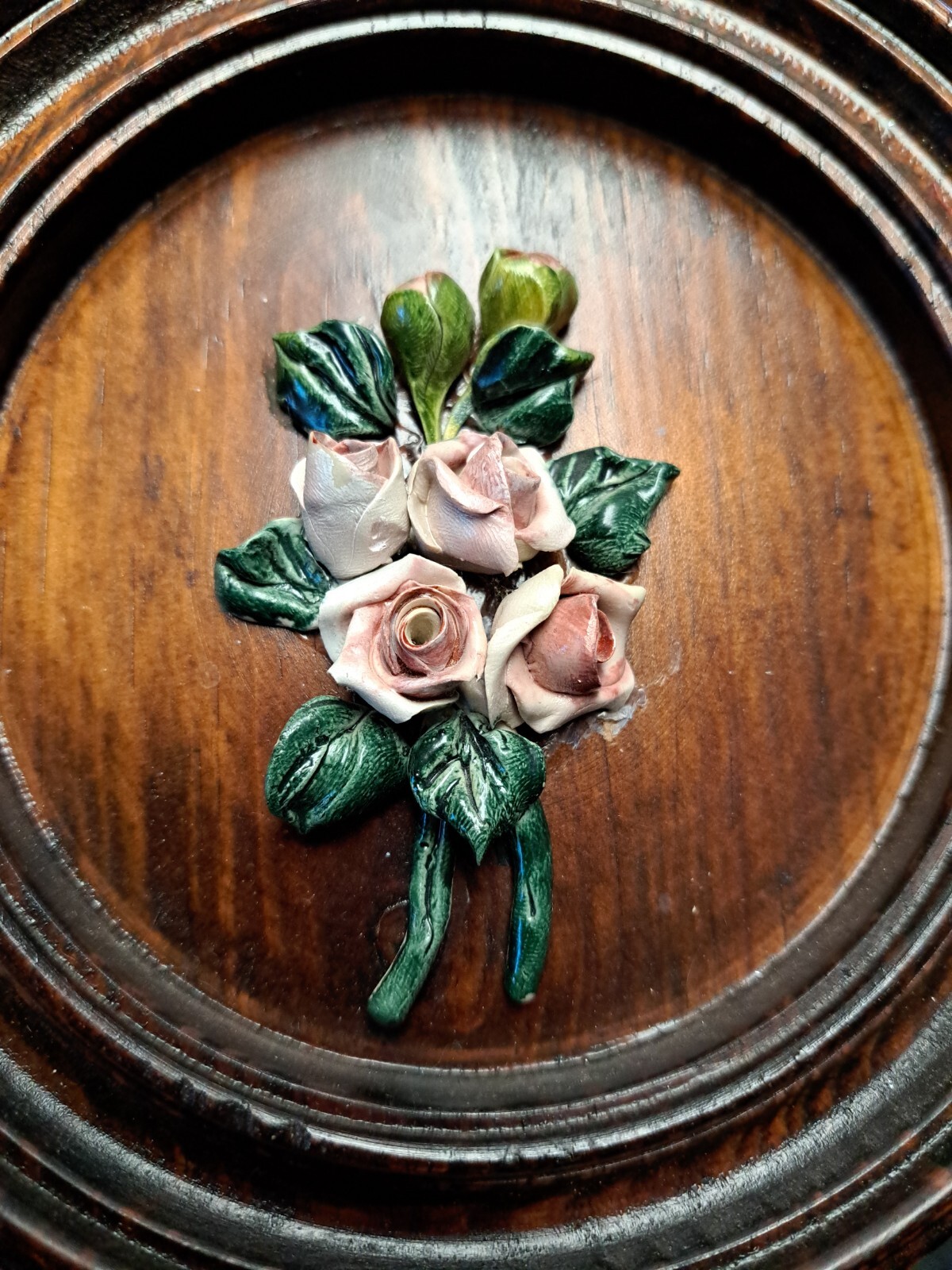 Vintage hand crafted flowers roses art on hand turned dark wood plaques set of 3