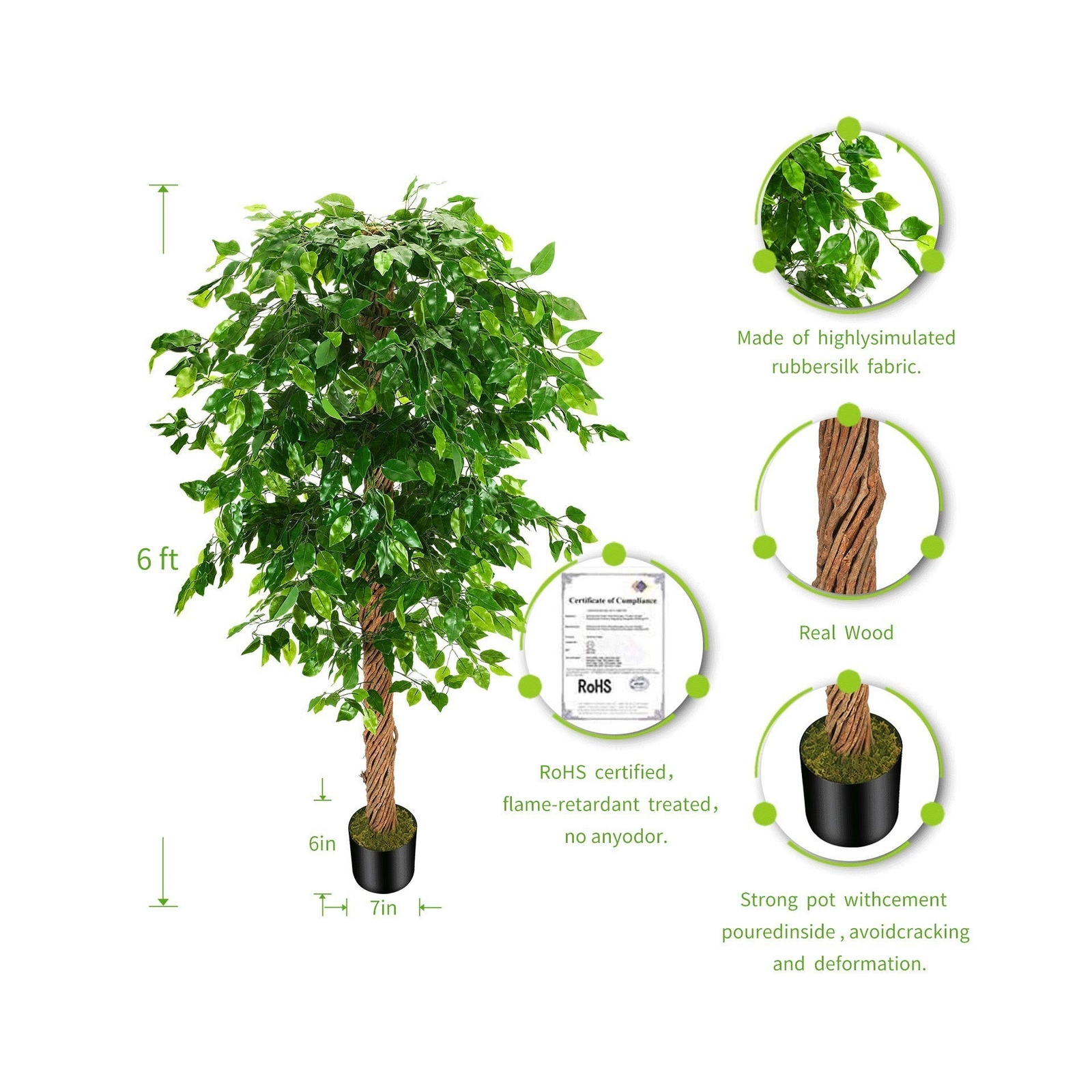 6ft Artificial Ficus Silk Tree (72in) with Plastic Nursery Pot Faux Tree, Fak…