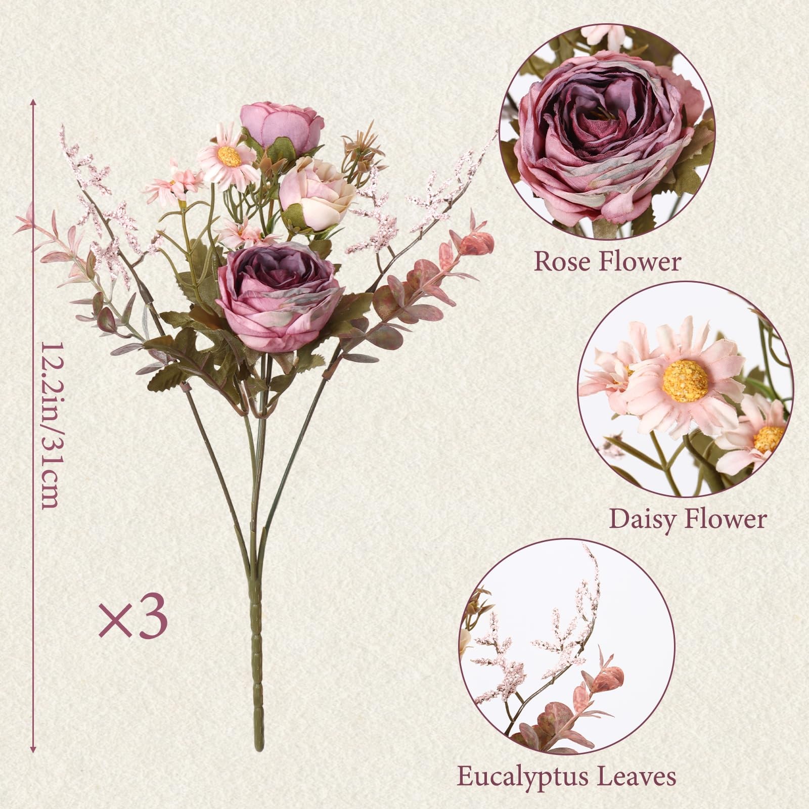 Artificial Roses Flowers 3 Pack Vintage Roses Pink Flowers Small Silk Rose Bo…