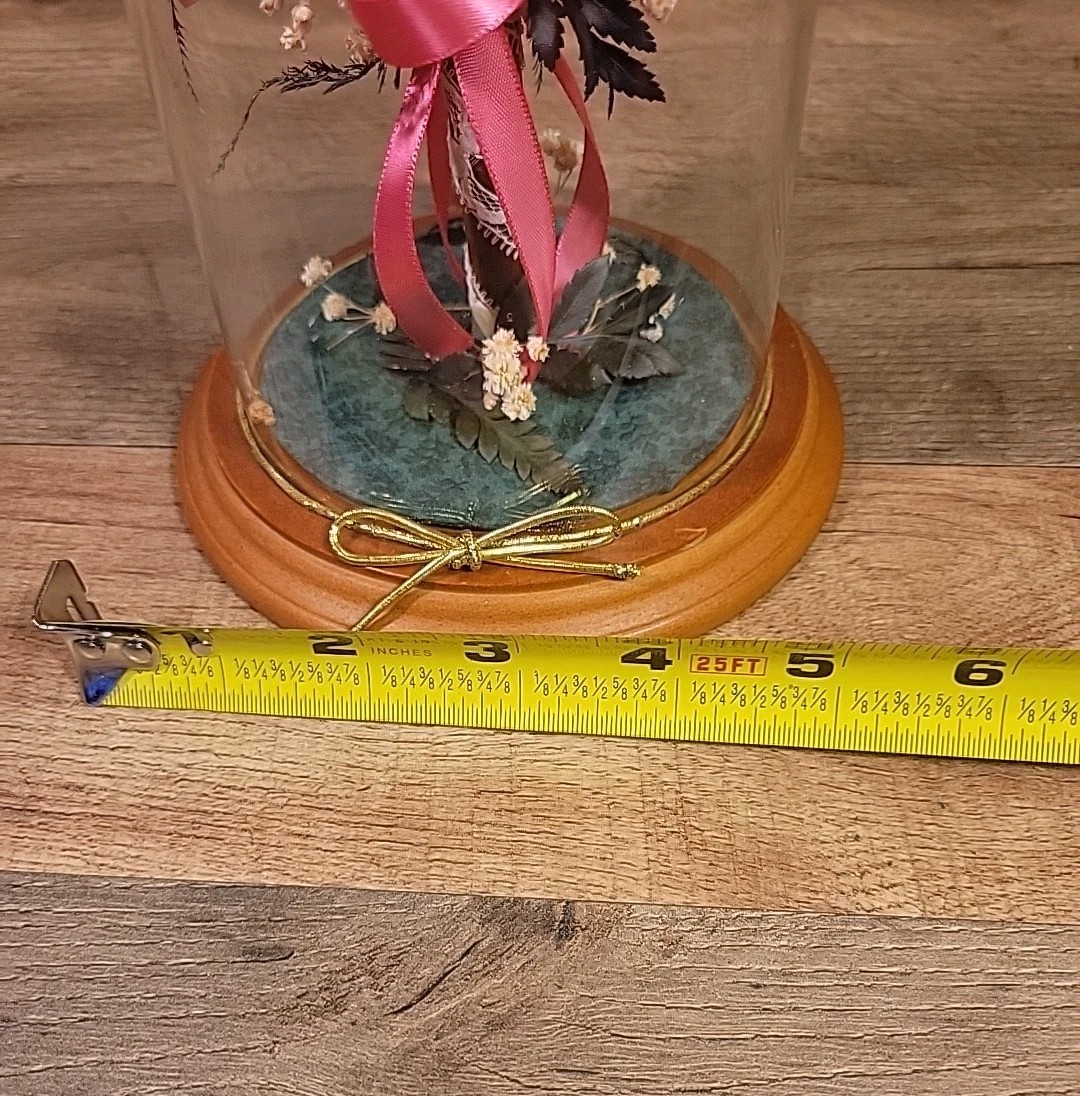 NATURAL EXPRESSIONS Freeze Dried Rose Topiary Under Glass Dome On Wooden Base.