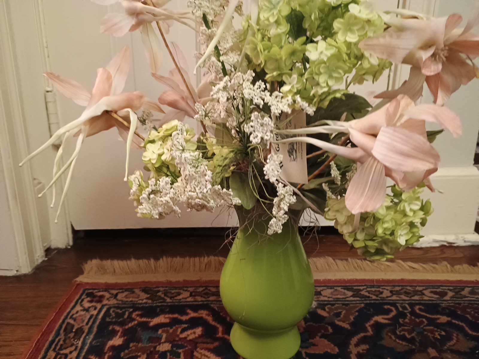 Pink Lily Delphinium Hydrangea Faux Silk Flower Arrangement Floral Green Vase