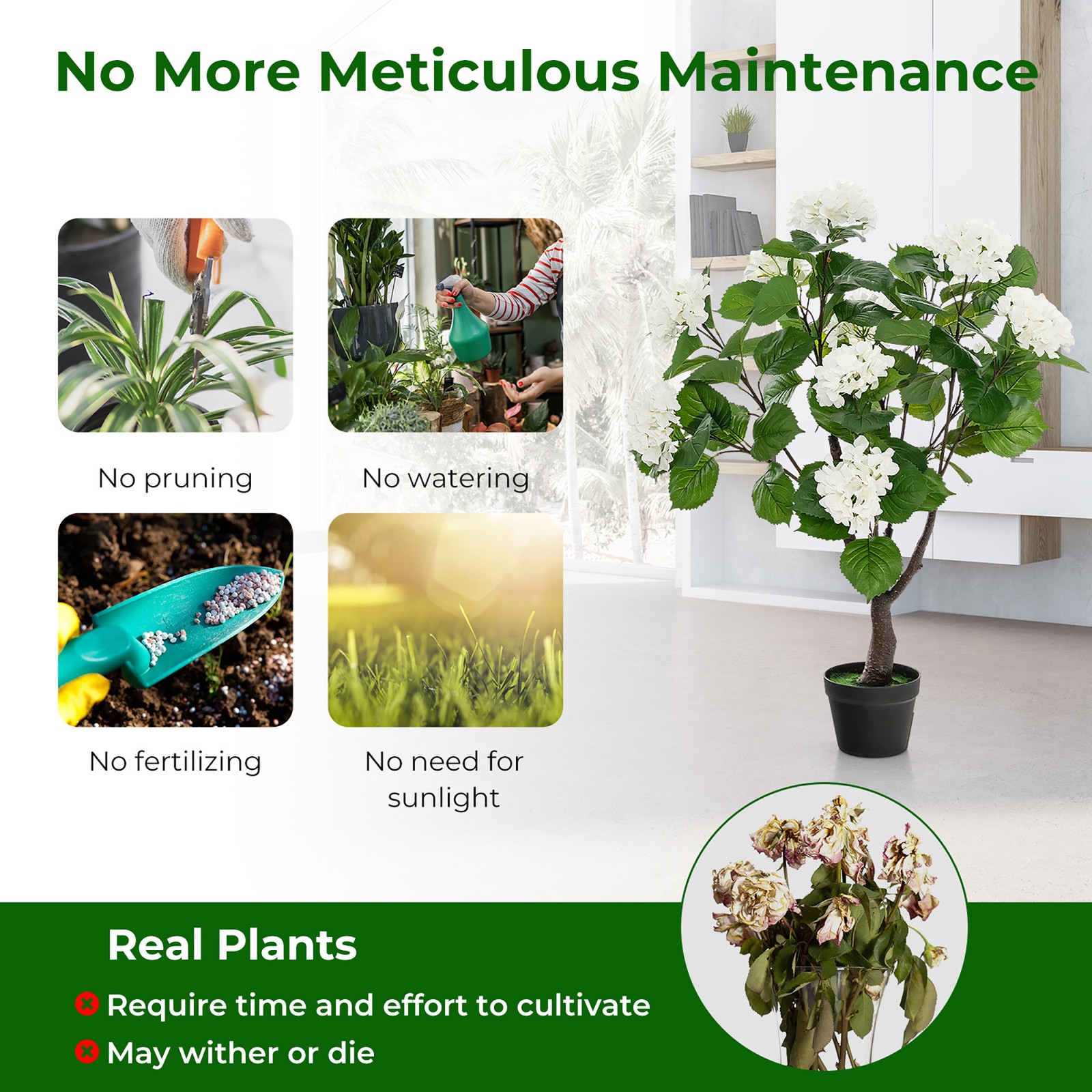 2 Pack Artificial Hydrangea Tree Fake Floral Plant w/ 11 White Flowers