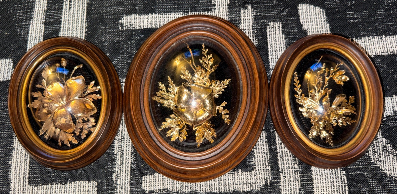 Flora Hawaii 24K Gold Encased Orchid Art Dome Glass WoodFrame VTG Set Of 3