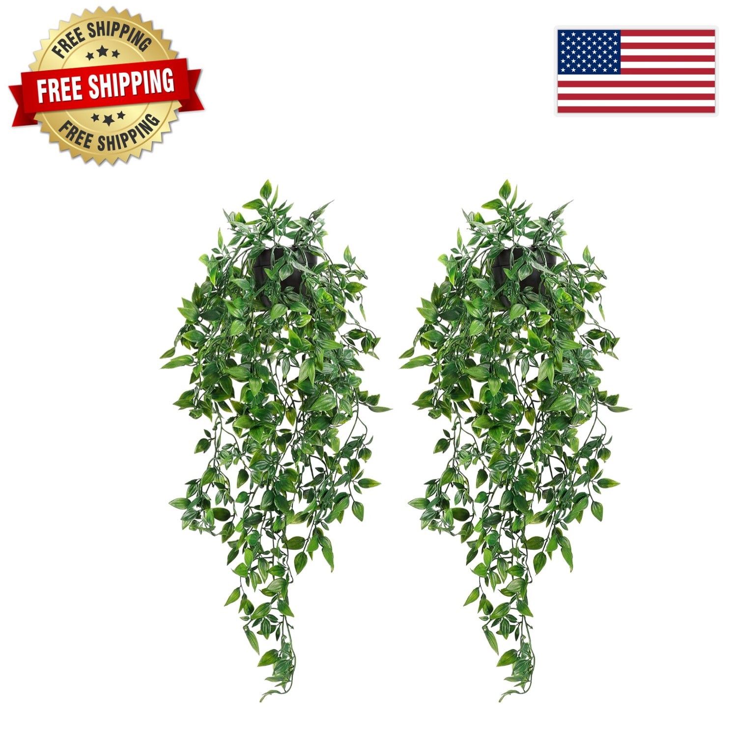 Versatile 2pcs Artificial Hanging Plants with Black Pots – Home & Office Decor