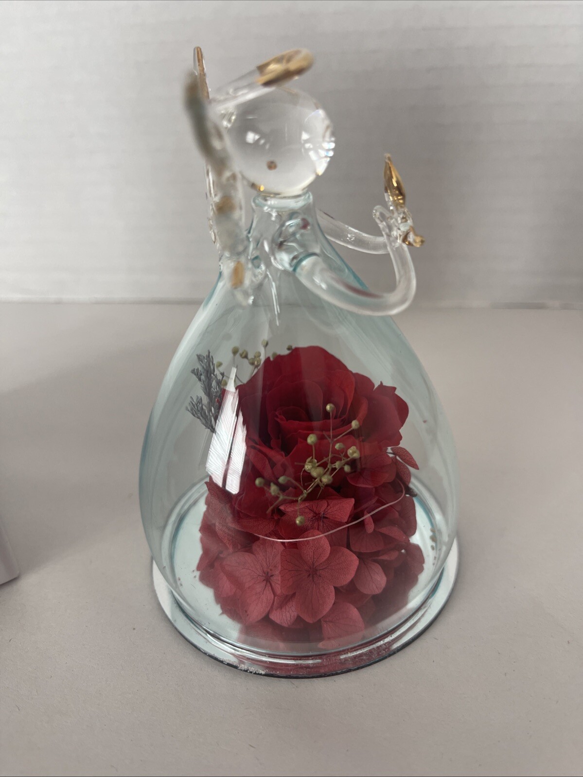 Angel Preserved Rose Real Red Flower Clear Glass Angel Anlunob Gifts 4.25”
