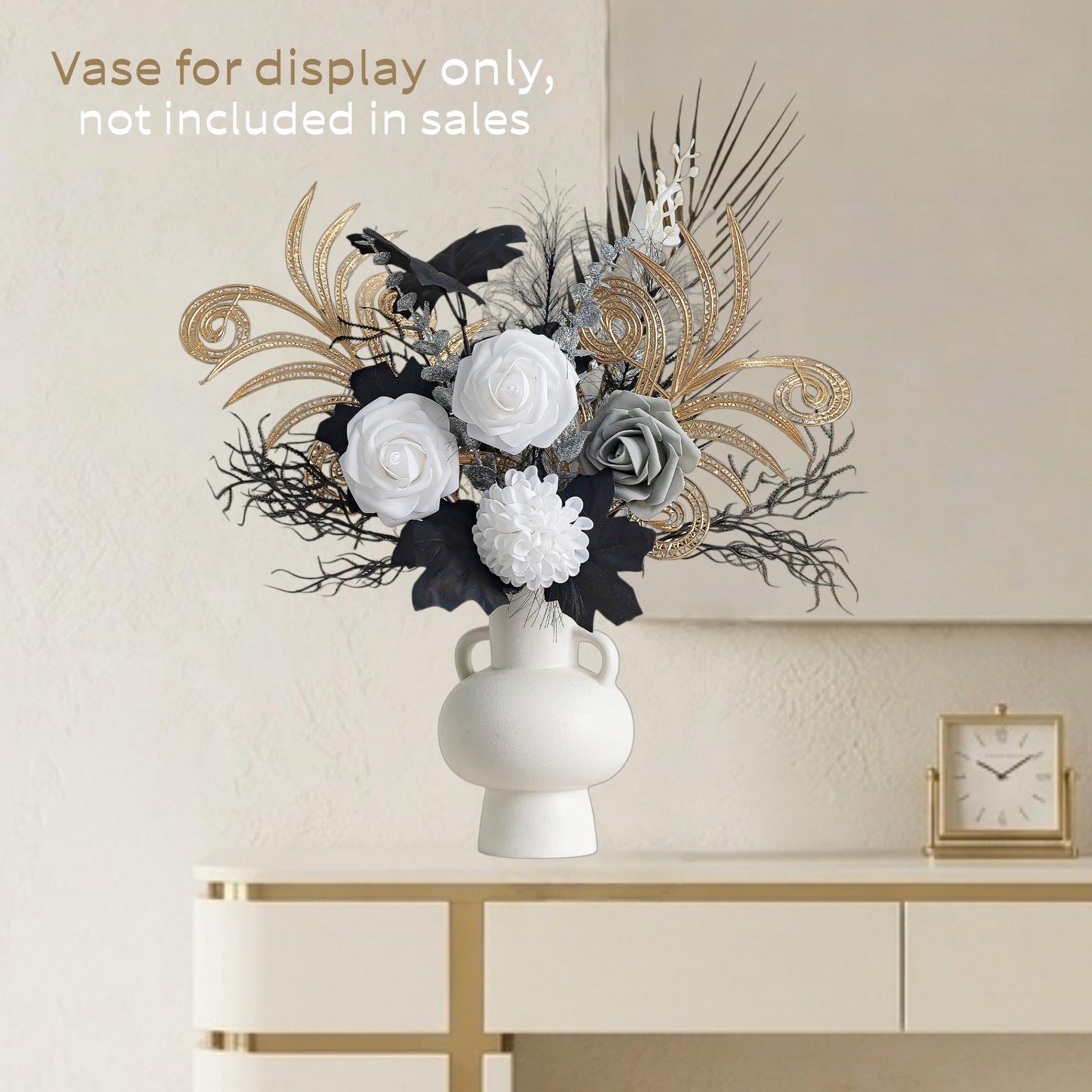 14 PCS 17 Inch Artificial Silk Rose Flower Bouquet Black Gold Gothic Decor