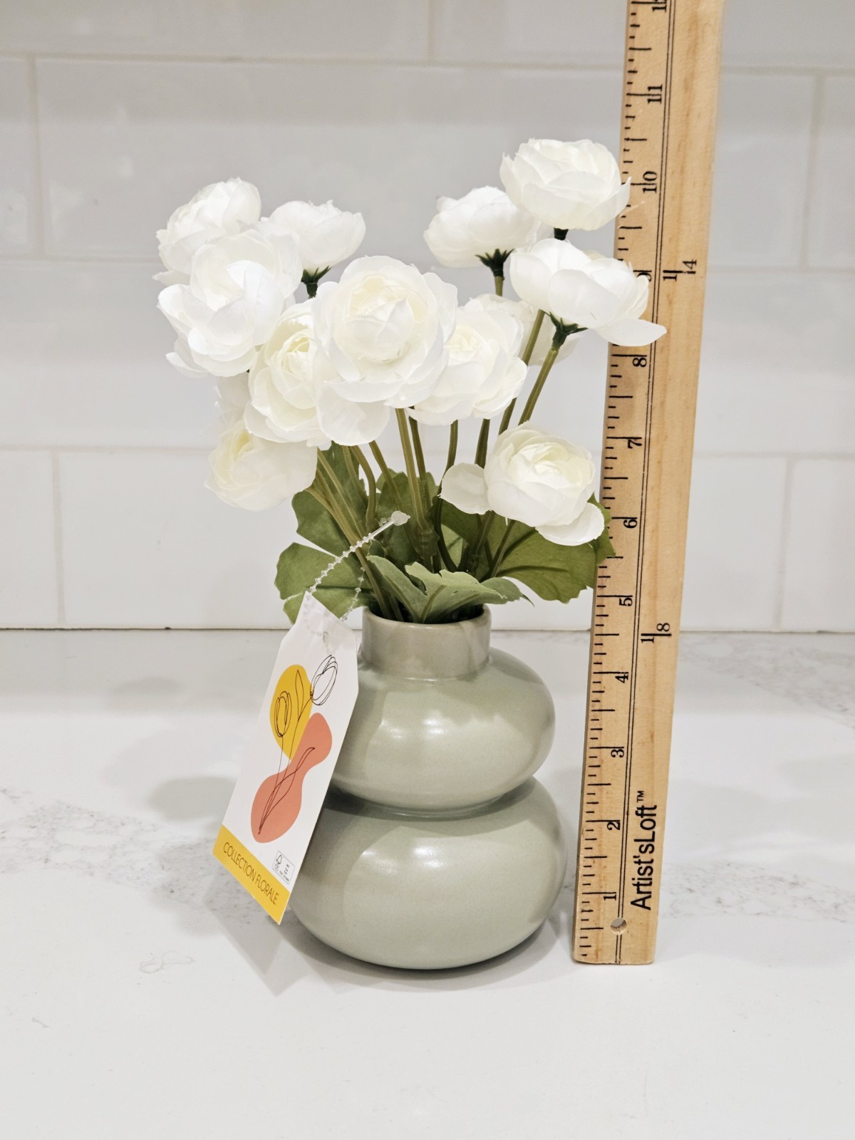 White Ranunculus Floral Arrangement in Green Ceramic Vase 10” Modern Decor