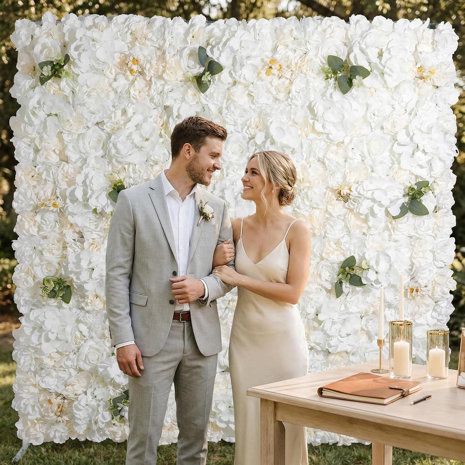 3D Flower Wall Backdrop – 6Pcs 16×24 Inch Artificial Rose Panels White Silk Flor