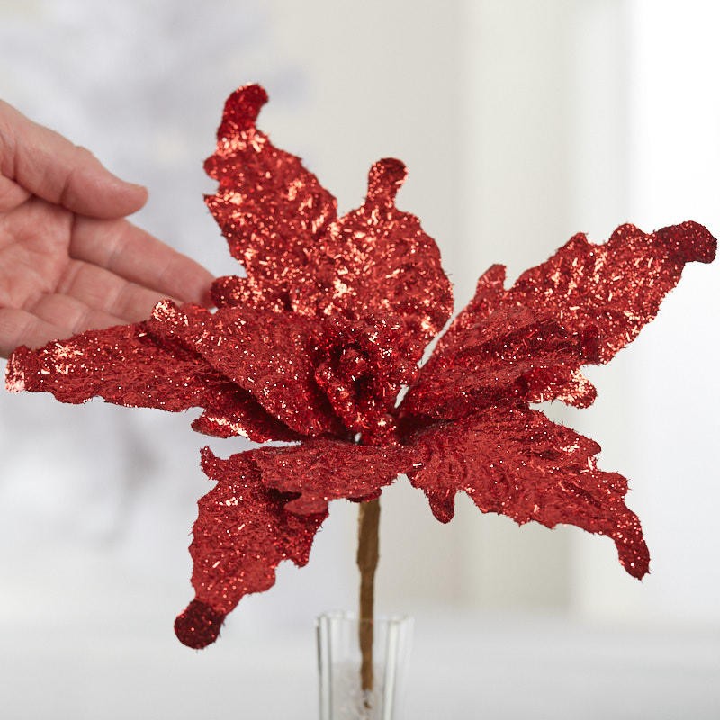 Set of 6 Sparkling Red Tinsel Artificial Poinsettia Floral Stems