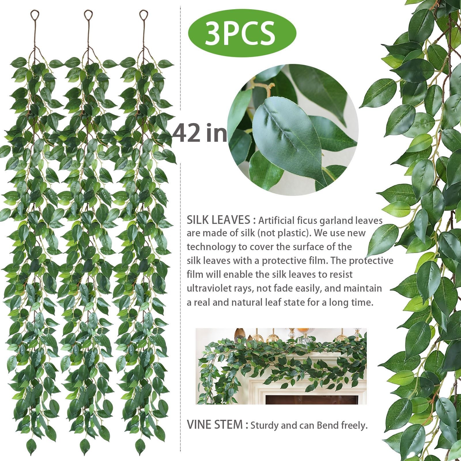 3 Packs Artificial Vines Garland 42” Fake Ficus Vine Greenery Garland Silk G…
