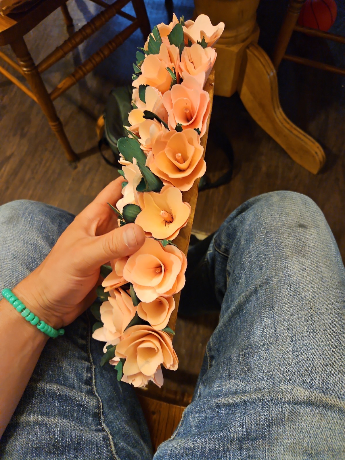 Handmade Curled Wood Shavings Heart Wreath Decor Vintage Roses Elegant