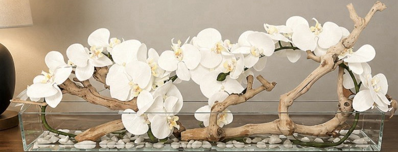Artificial White Orchid Floral Arrangement & Centerpiece in Clear Glass Vase