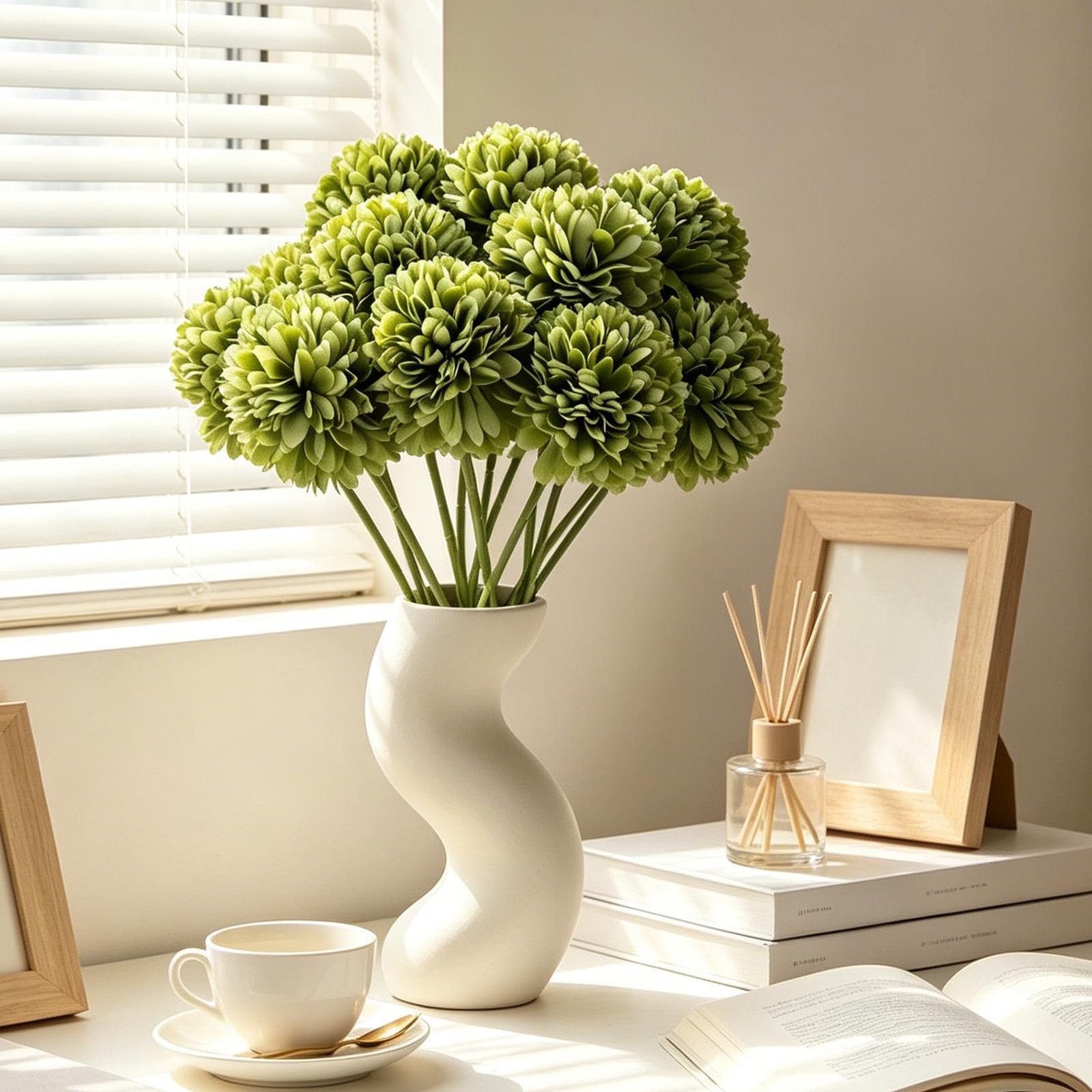 15 Pcs Artificial Chrysanthemums Flowers Green Flowers Silk Flowers Fake Mums…
