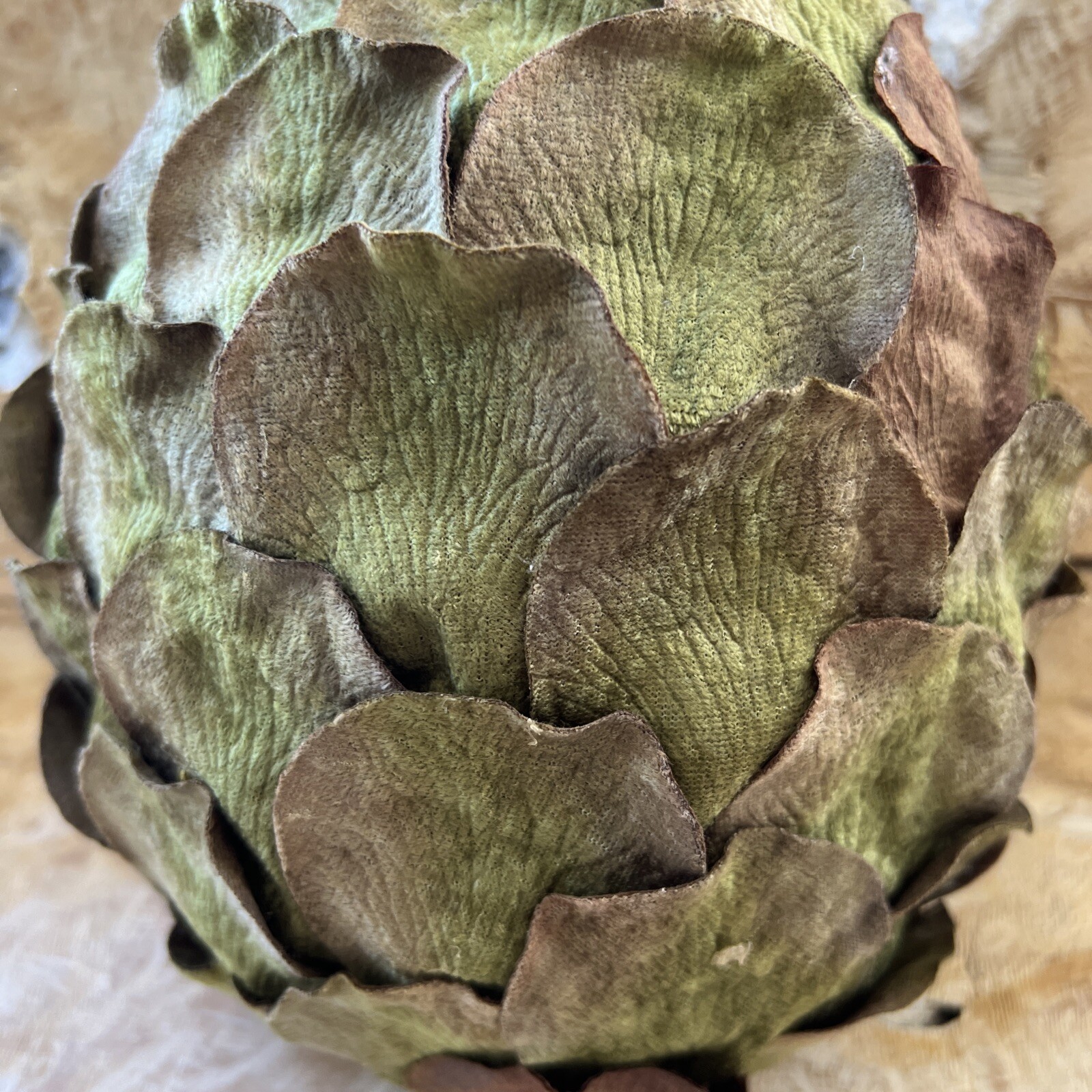 Decorative Artichoke Lightweight Green and Brown Velvety Leaves 10 ” Tall