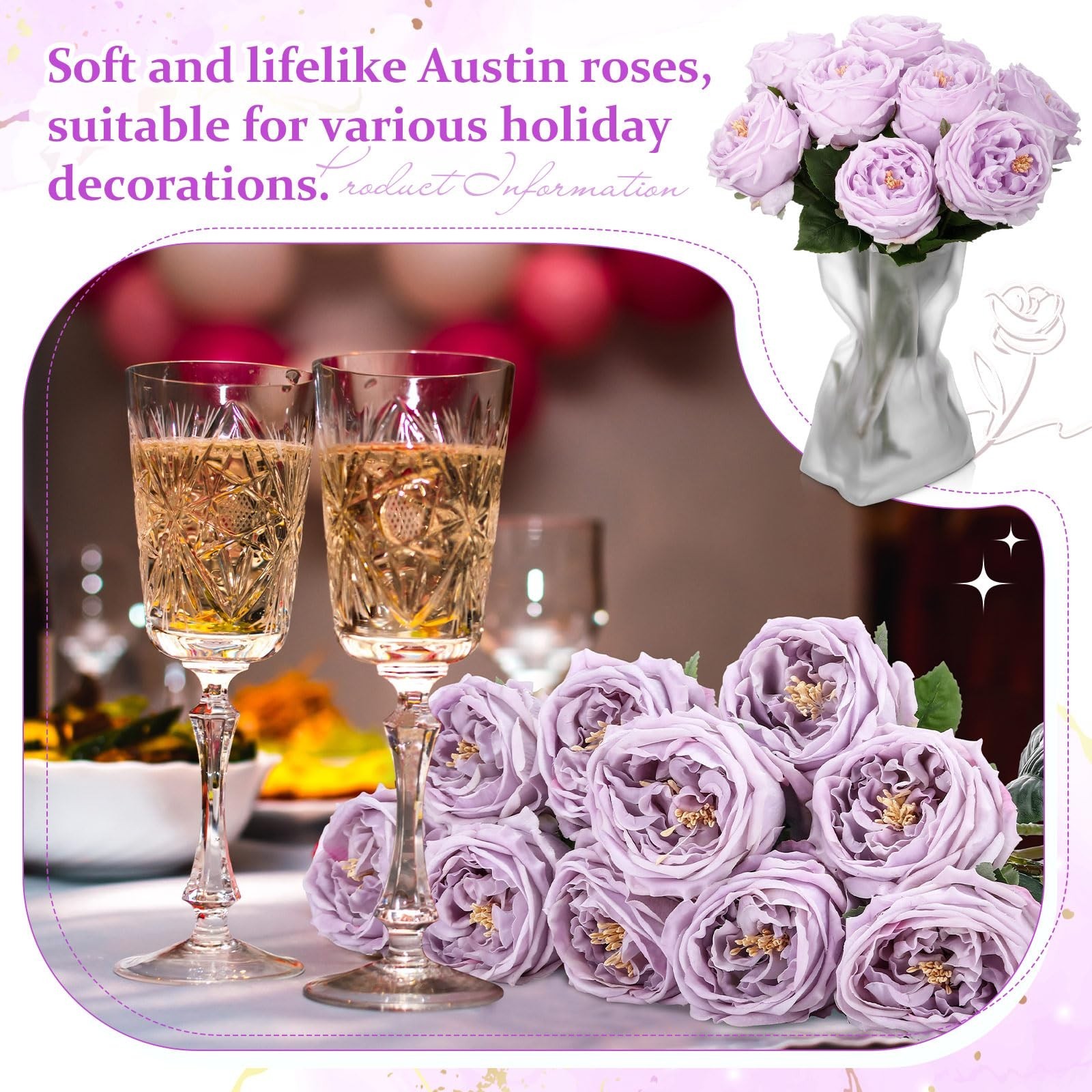 Daifunli 10pcs Peonies Artificial Flowers, Faux Austin Rose Long Stem Real Fake