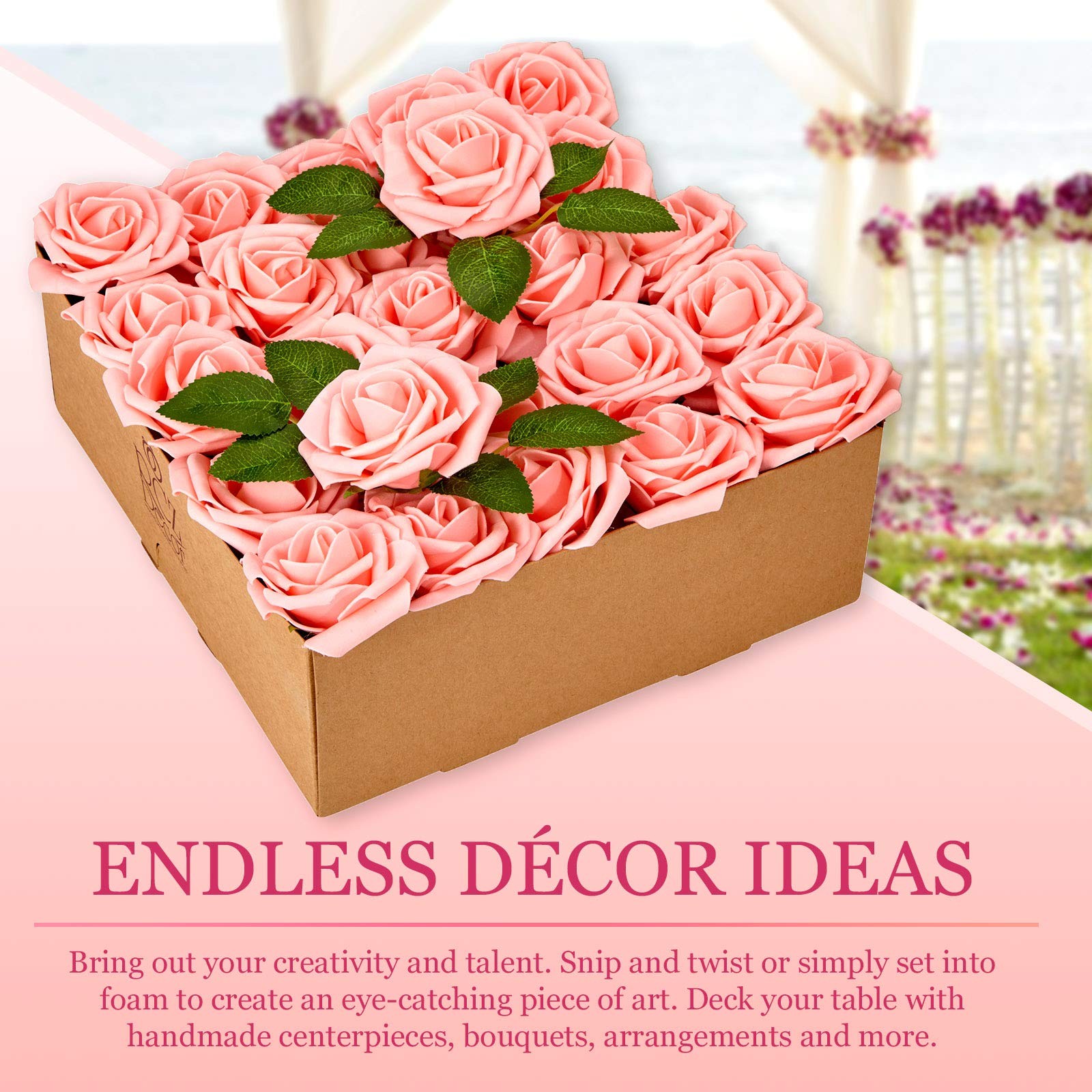 Artificial Peach Pink Foam Roses with Stems & Leaves – Pack of 50, Perfect fo…