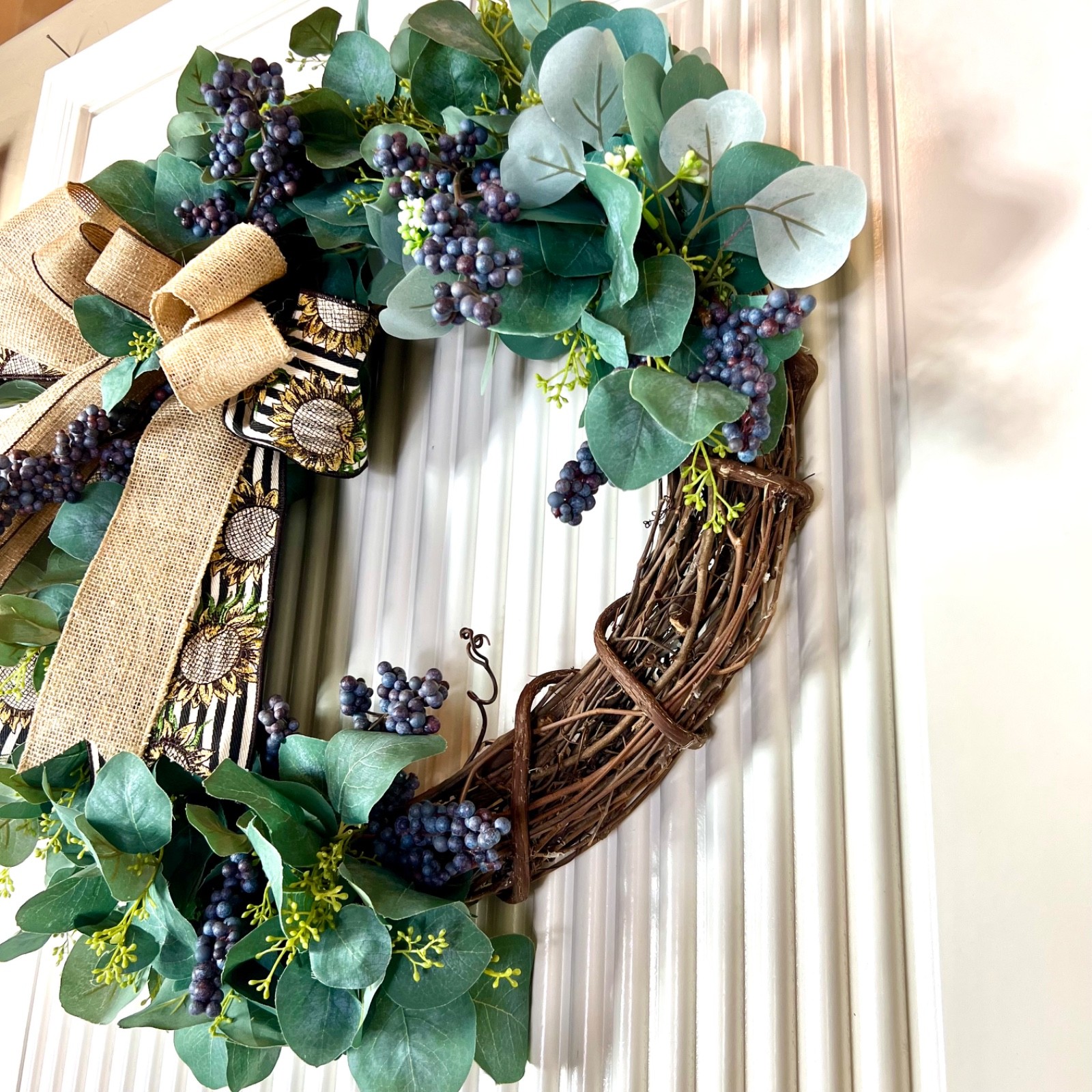 Everyday Farmhouse Silver Dollar Eucalyptus Wreath with Berries Handcrafted Home