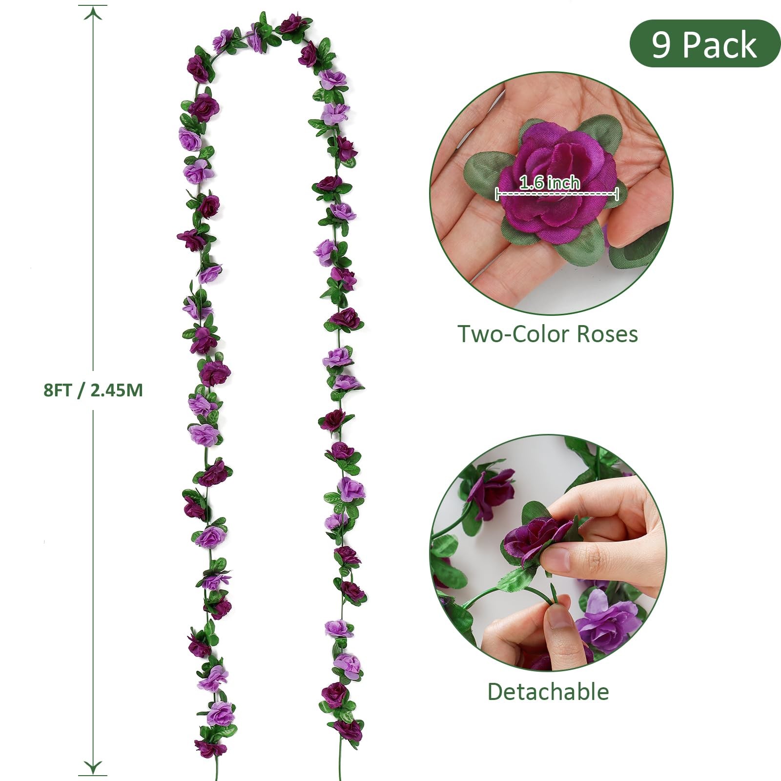9 Pack 72 FT Artificial Flower Garland, Fake Purple Roses Vines Silk Flowers …