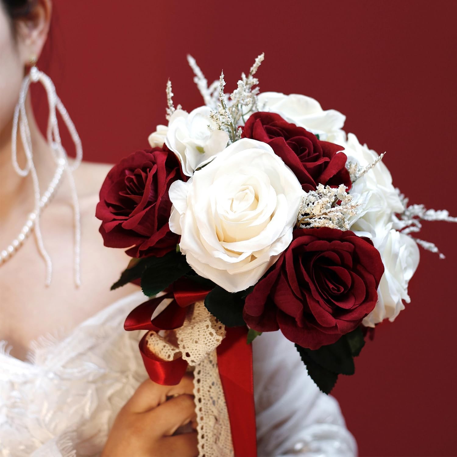 9 Inch Burgundy Wedding Bouquets for Bride Bridesmaid, Dark Red White Champag…