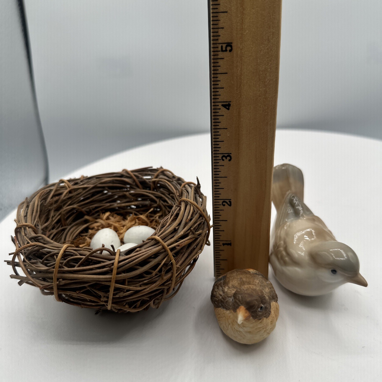 Vintage Porcelain Bird Nest Figurine Set 2 Birds 3 Eggs Woven Twig Nest Decor