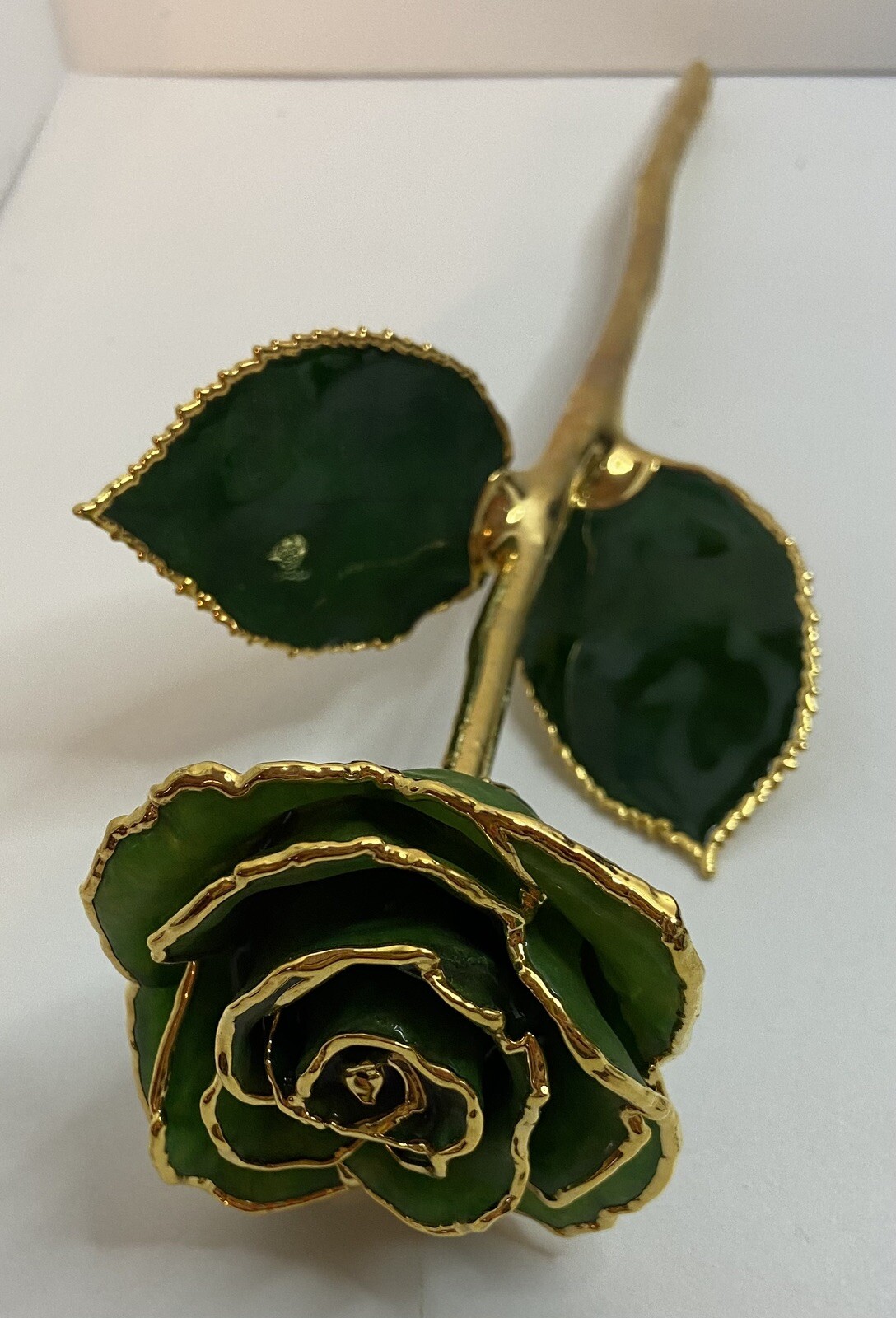 11″ EMERALD GREEN, GOLD DIPPED ROSE, ENAMELED AND DIPPED. LONG STEM ROSE. VGC