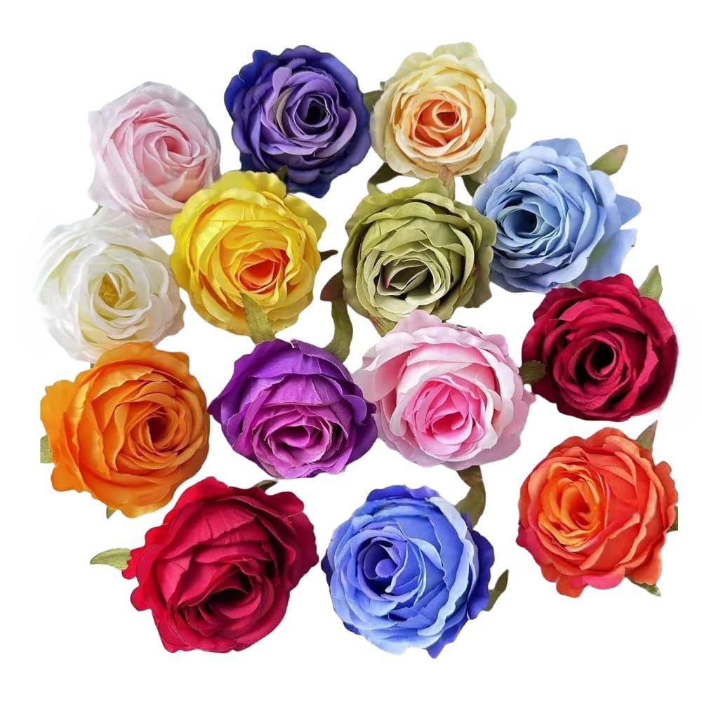 Multicolour 3 Inch Silk Rose Heads With Clips For Crafts Cake Decor 14 PCS