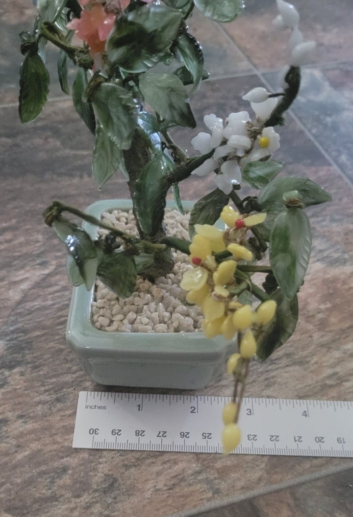 Vintage Chinese Glass Jade Bonsai Tree Celadon Pot Multi Color Flower Marked 9″