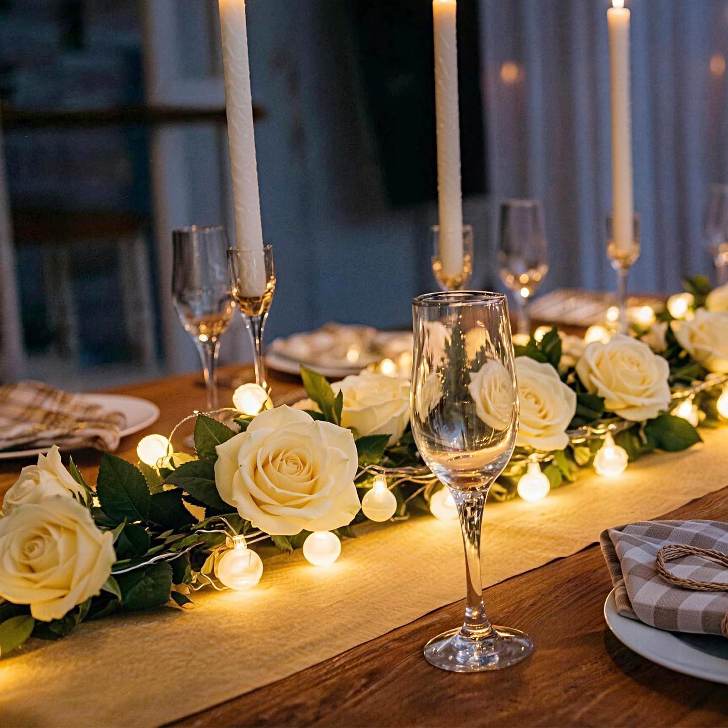 Flower Garland with Lights, 2 Packs 7FT White Floral Rose Flower Eucalyptus G…