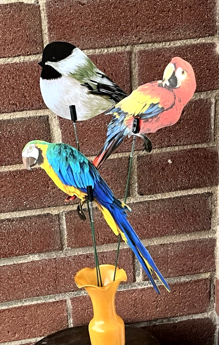 Bird Picks Lot of 3 Plastic Wire Plant Stems Chickadee, Scarlet Macaw, Blu Macaw