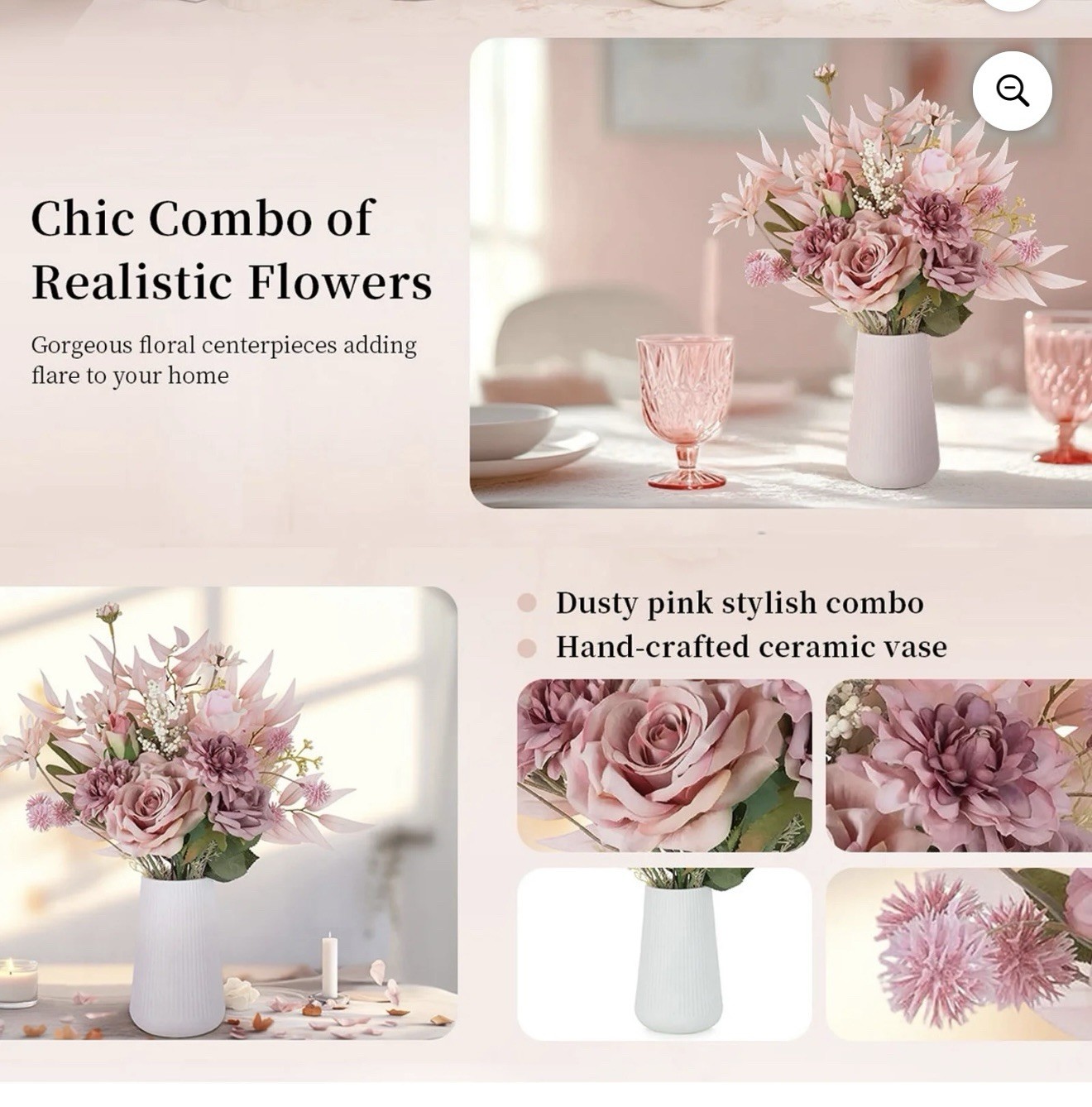 Nuptio Fake Flowers in Vase Centerpieces: Artificial Faux Flower in Ceramic Vase