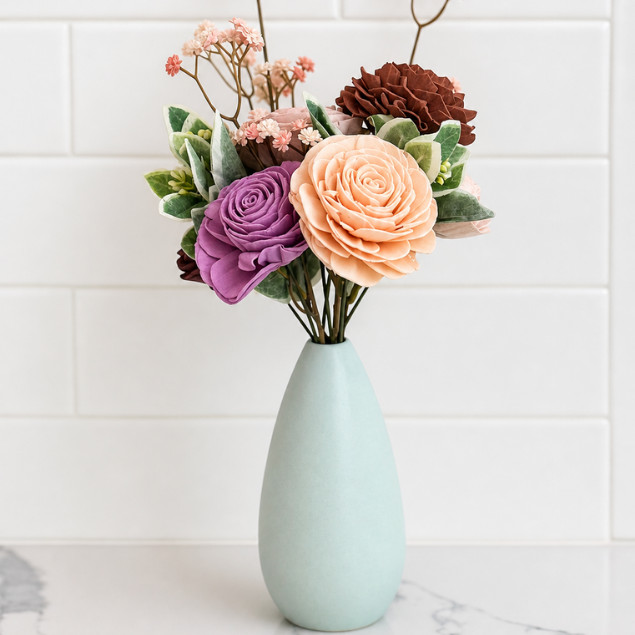 Sola Wood Flower Arrangement Blue Ceramic Vase Gift for Her Mom Home Decor