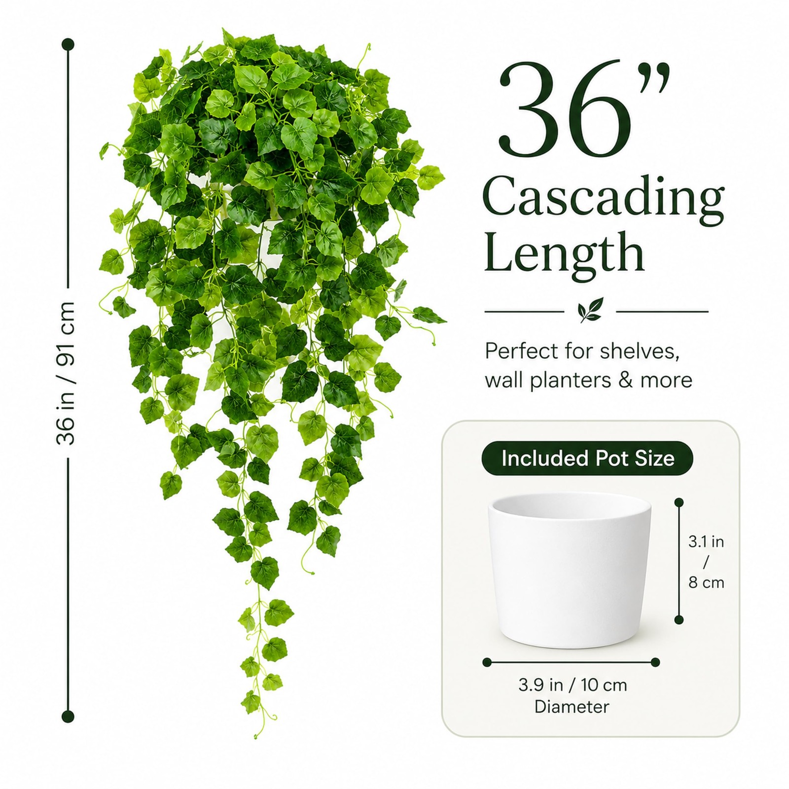 WHANLEY 36″ Fake Pothos Hanging Plant in Pot, Artificial Hanging Plant with 1…