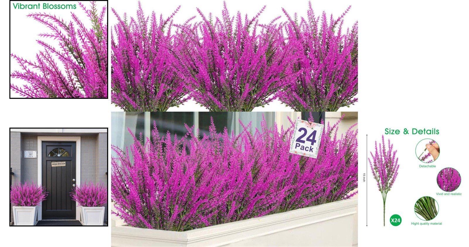Realistic 24 Bundle Artificial Lavender – UV Resistant Fuchsia Flowers for Home