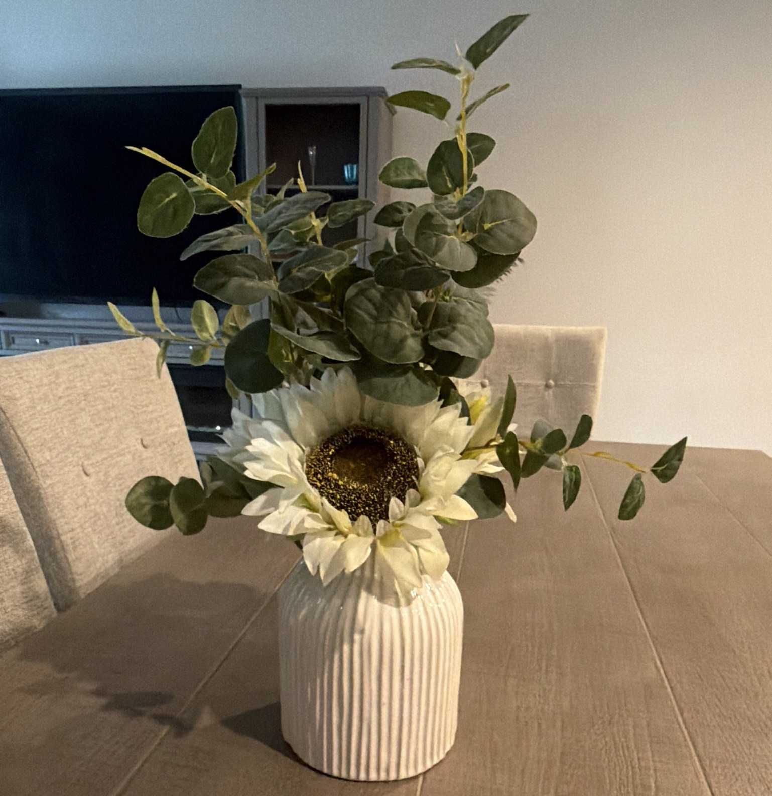 Artificial Sunflower & Eucalyptus Greenery Arrangement in White Ribbed Vase