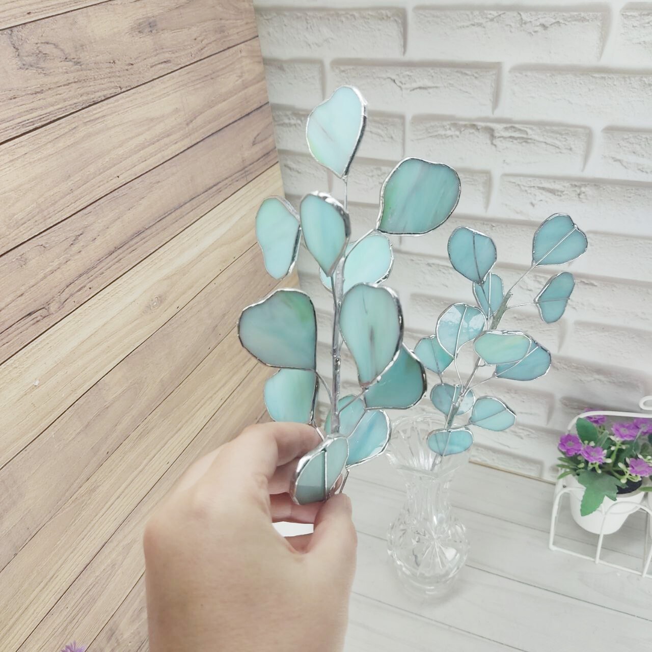 Stained glass eucalyptus branch, glass eucalyptus, plant stake for vase or garde