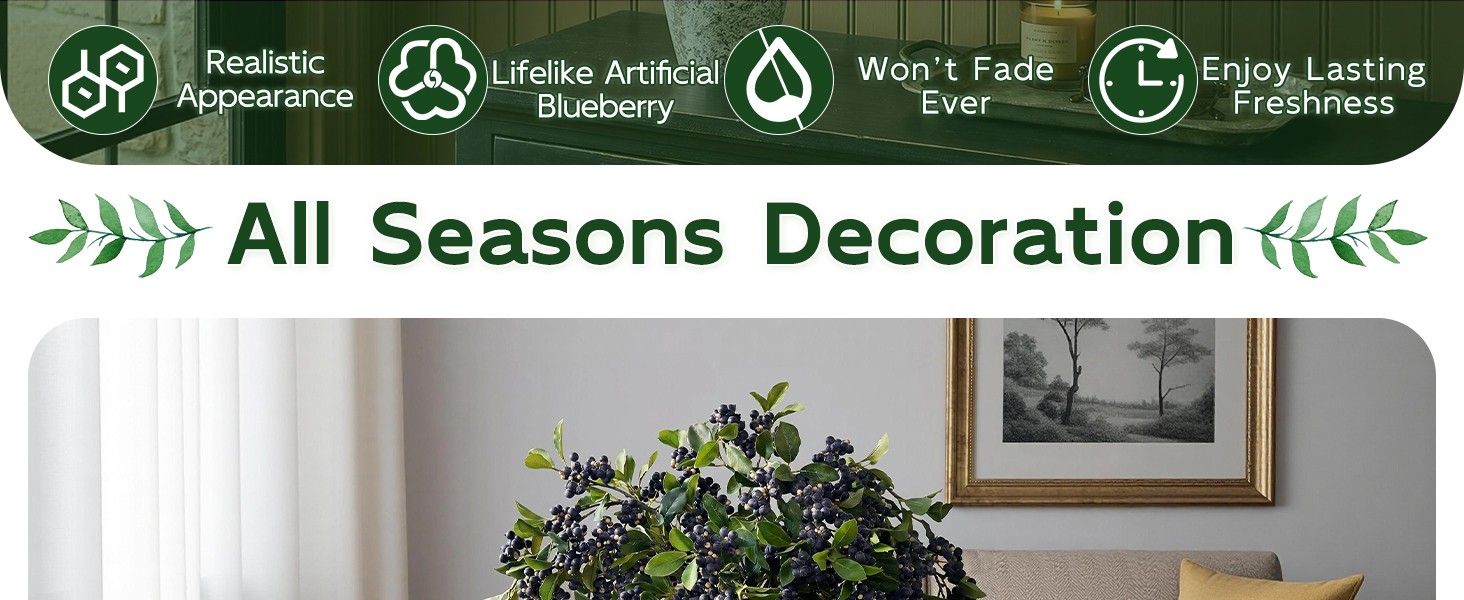 33″ Artificial Blueberry Stems for Vase – 8 Pcs Lifelike Faux Blueberries Fruit