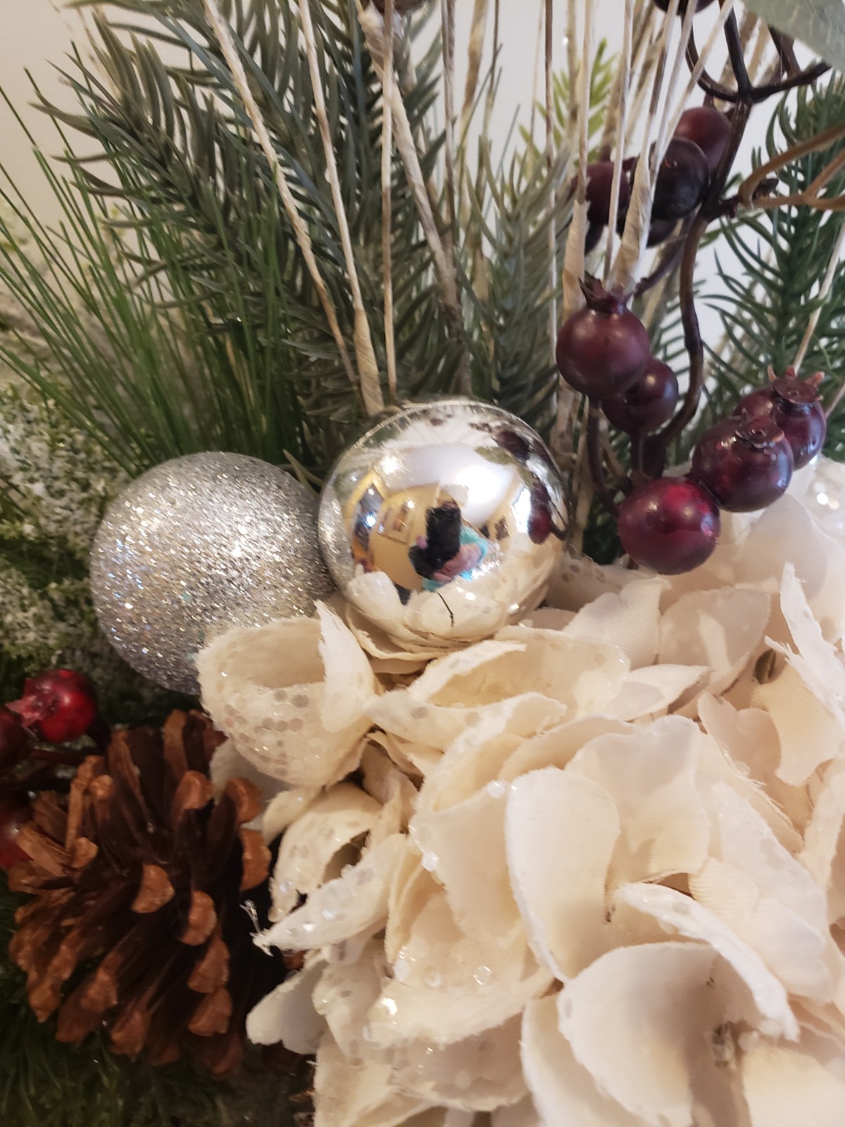 Cream Hydrangea Christmas Arrangement, Rustic Farmhouse Evergreen Decor