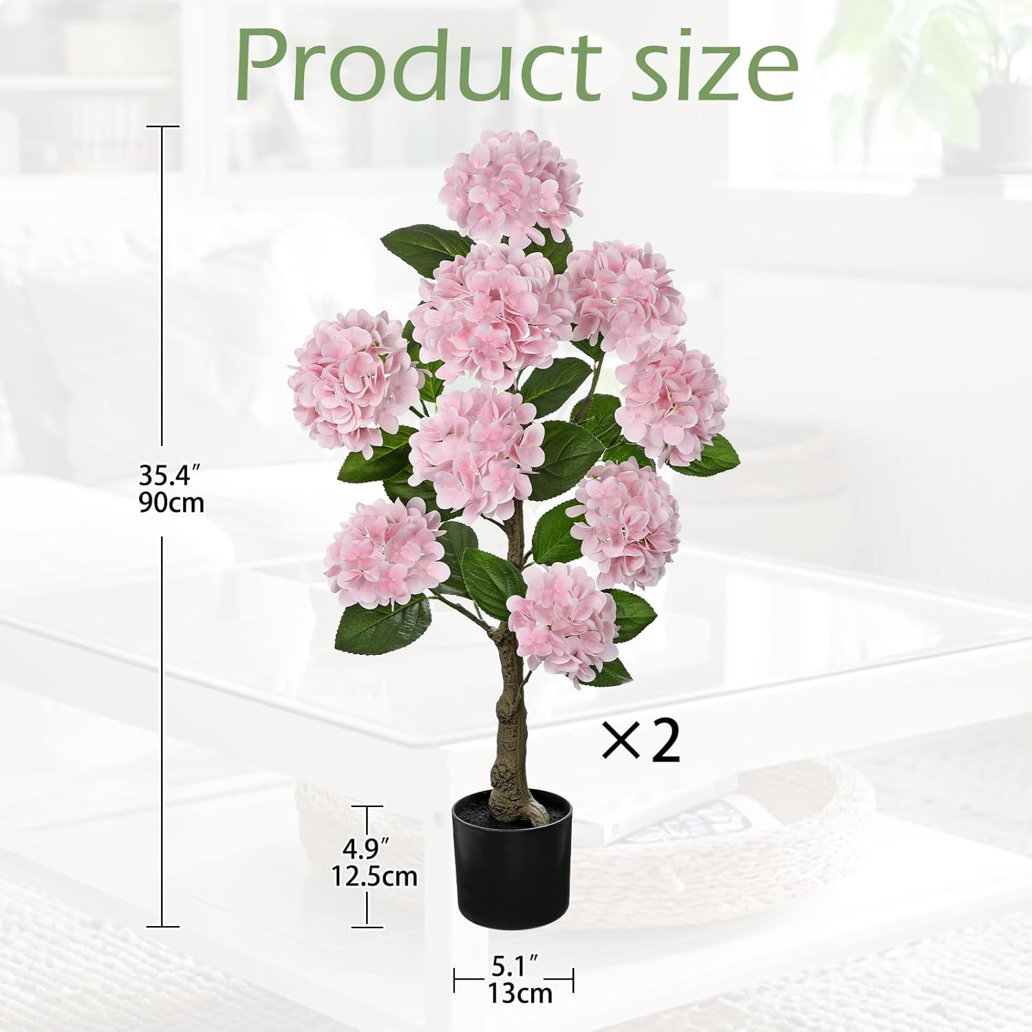 3FT Pink Hydrangea Faux Silk Flowers in Black Pot, 2 Pack for Home Decor