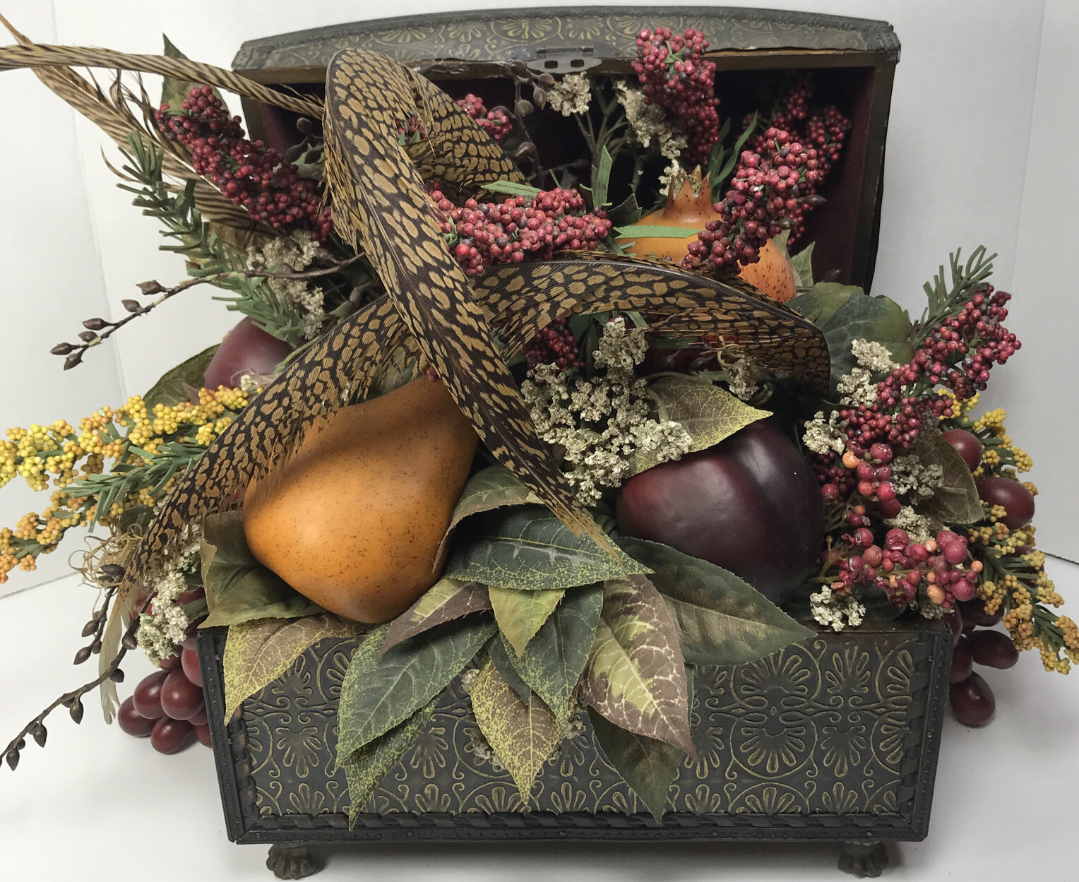 Designer Arrangement Feather Silk Floral Fruit 17” HomeDecor Metal Texas Box EUC