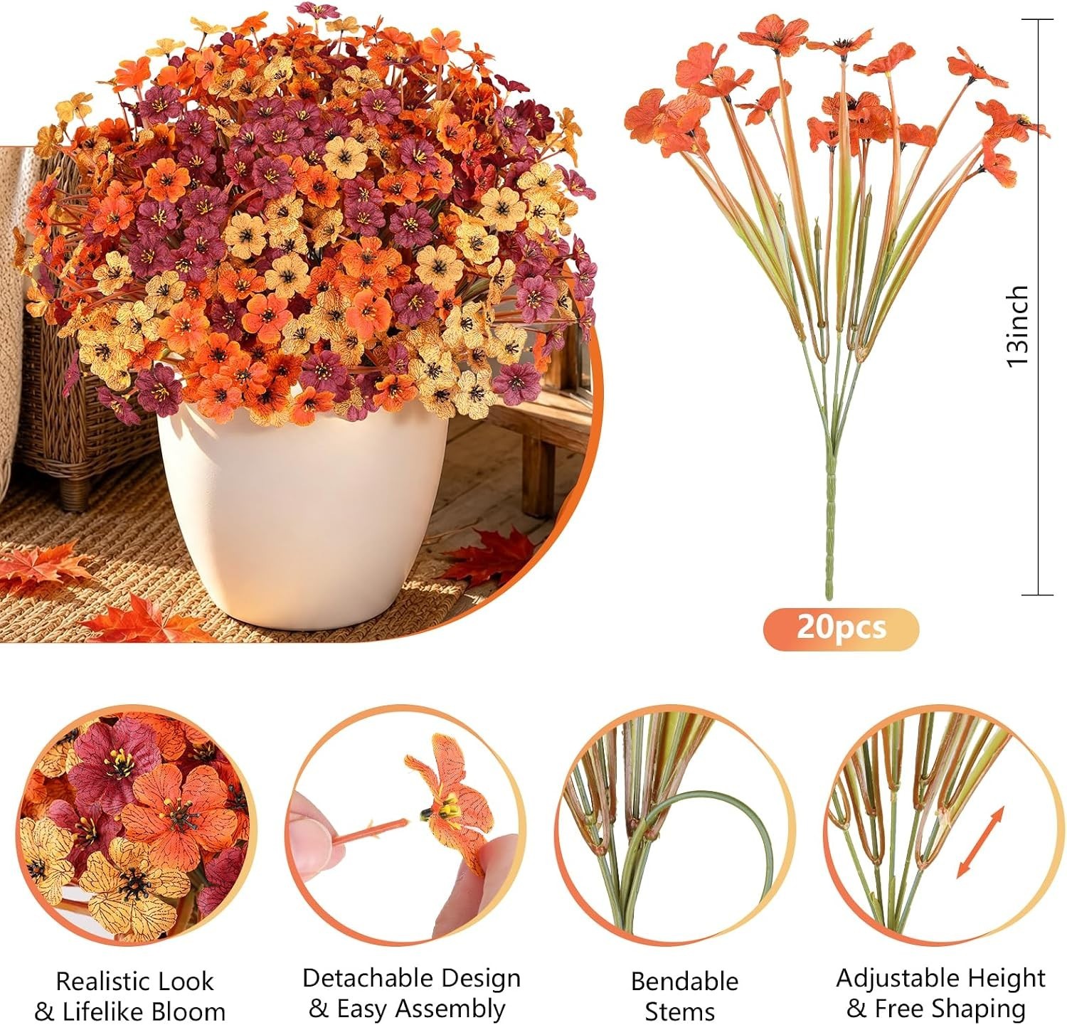 20 PCS Artificial Fall Flowers for Outdoors, Orange Fake Mums | Fall Decor, F…