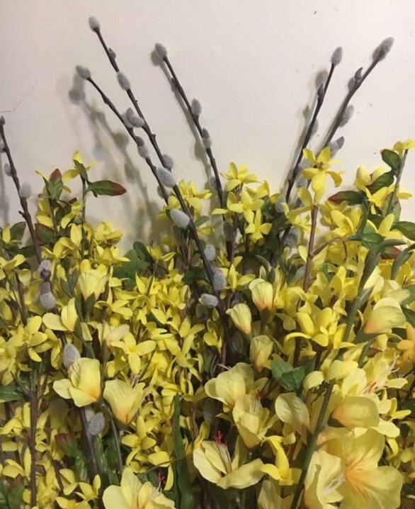 Large Lot Yellow Artificial Forsythia Bushes/ Stamps W/Green 36”Tall Fall Decor