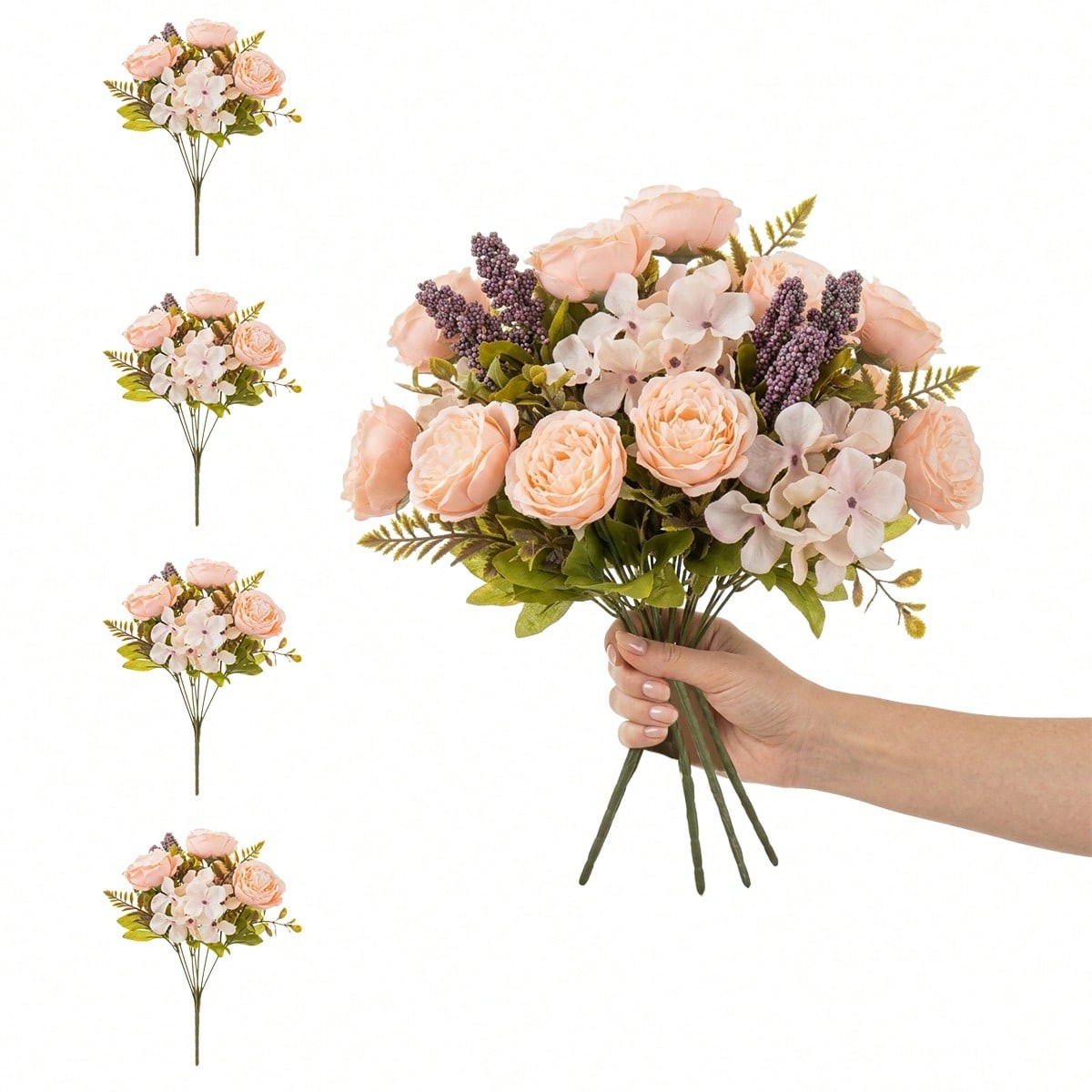4x Artificial Rose Bouquet Vintage Silk Flowers Bunches with Stem & Green Leaves