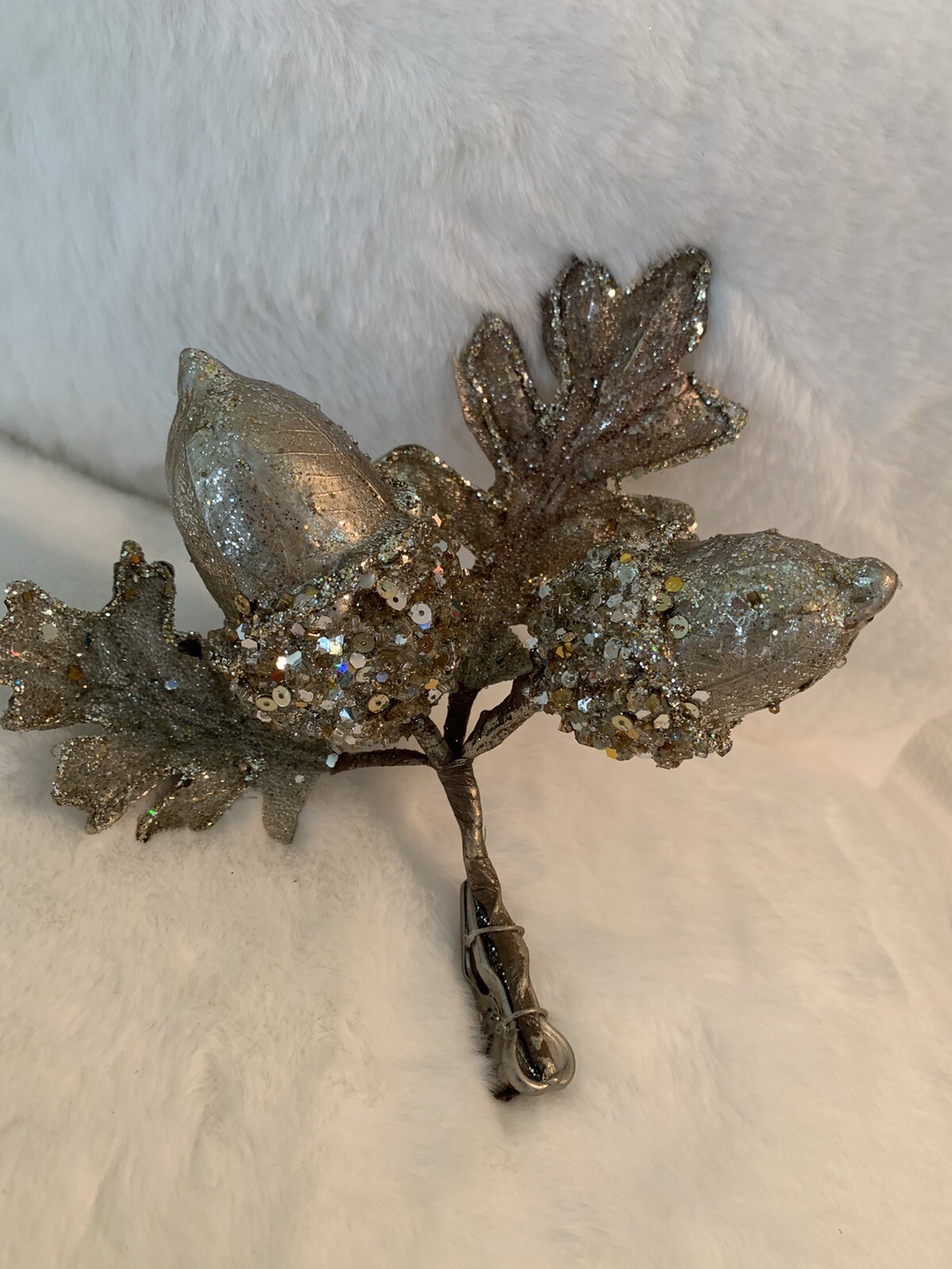 Double Acorn Cluster Clip Floral Decor Platinum Jewel Glitter Christmas Wedding