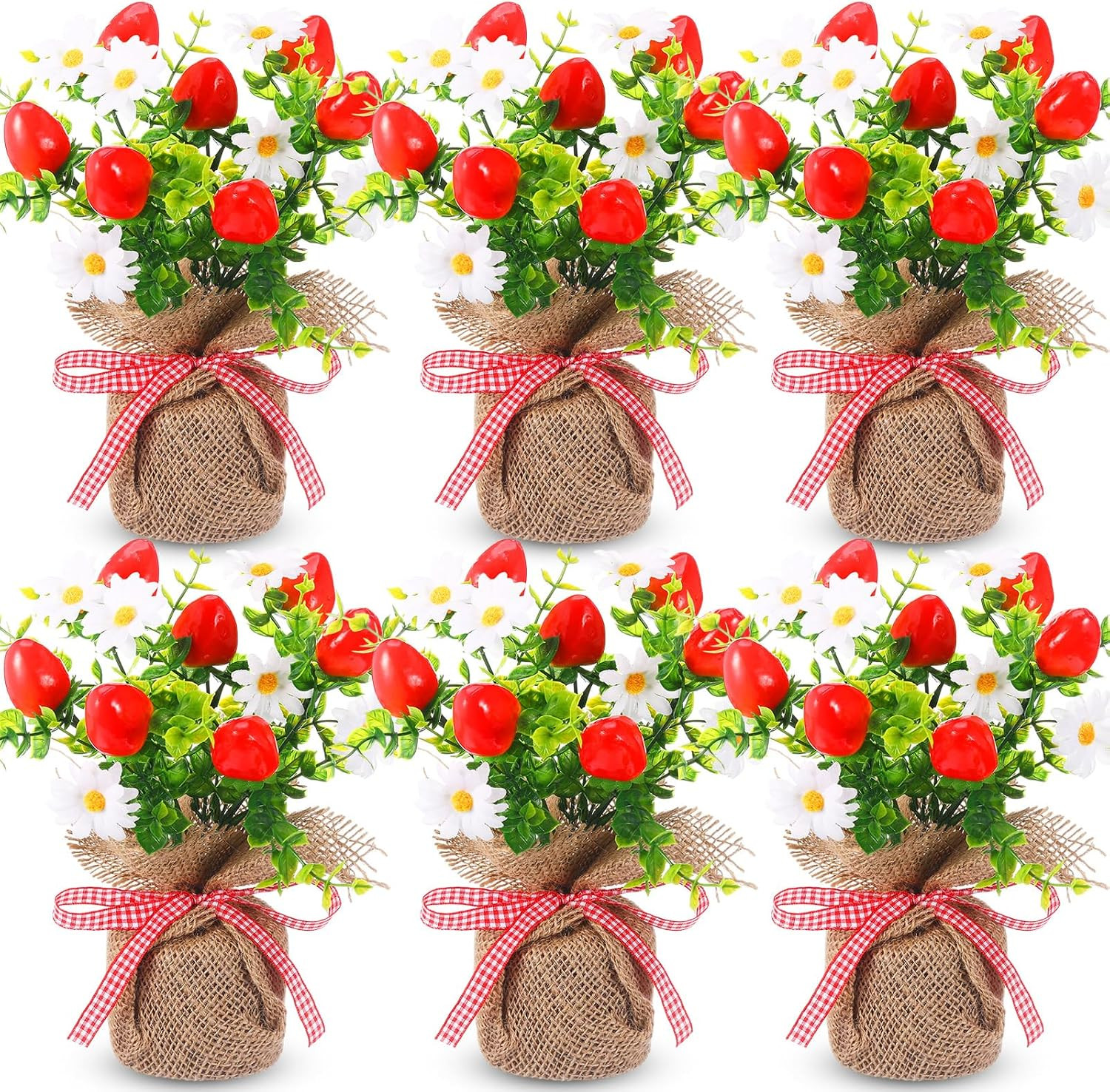 6 Pack Faux Strawberry Centerpieces in Burlap Vase for Parties & Home Decor