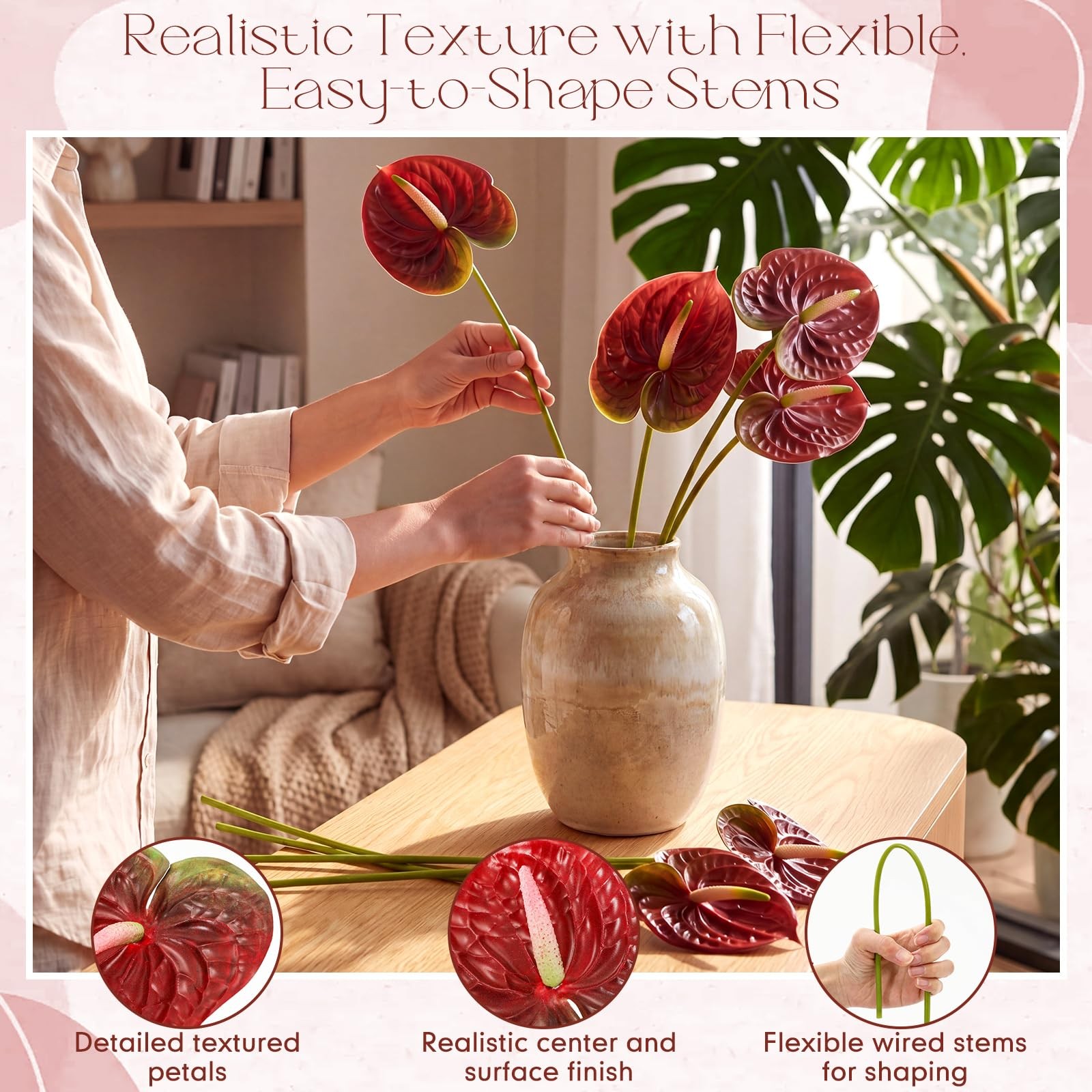 Artificial Anthurium Flowers Gradient Red 23.6 Inch Fake Bouquets 20 PCS